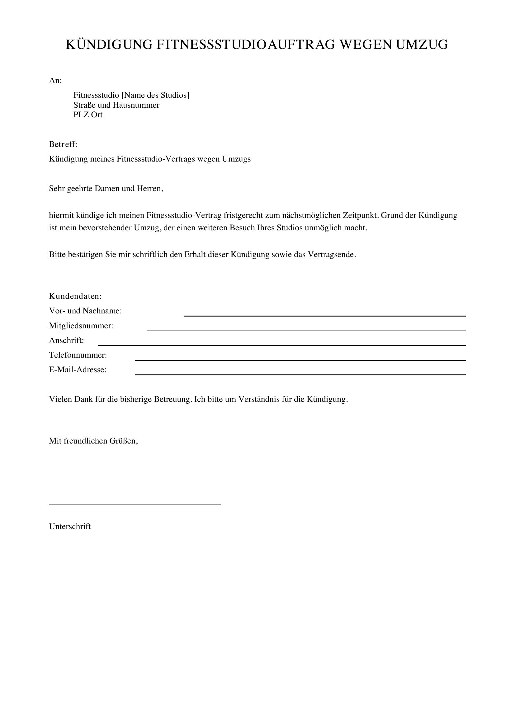 Kündigung Fitnessstudio Wegen Umzug Vorlage