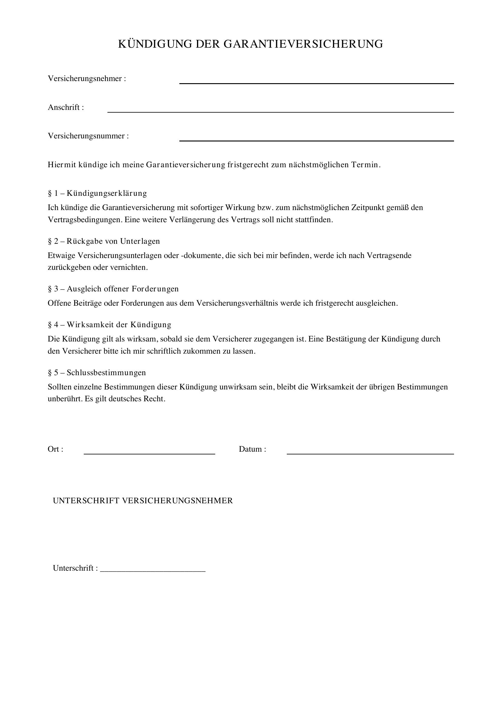 Kündigung Garantieversicherung Muster