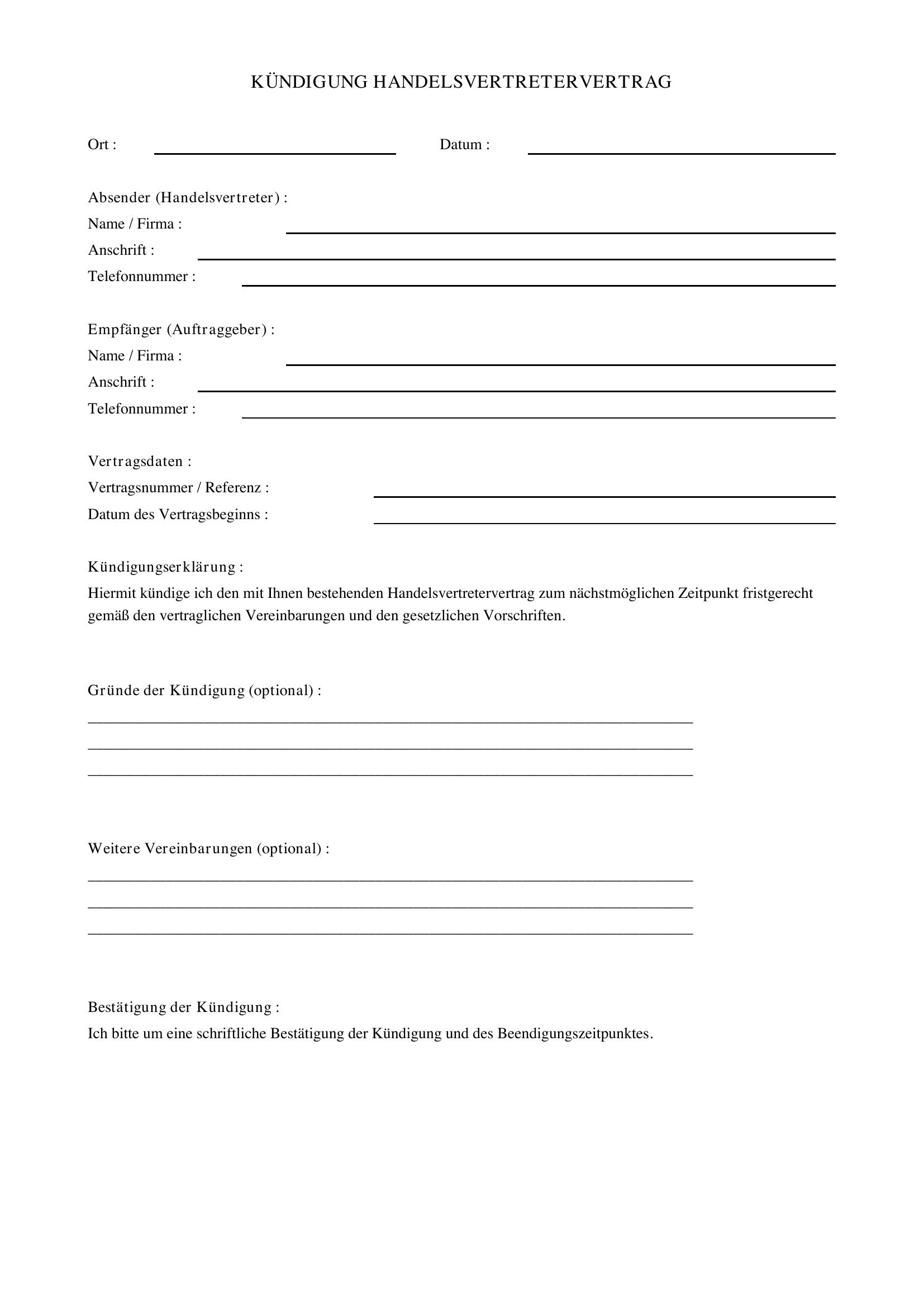 Kündigung Handelsvertretervertrag Muster
