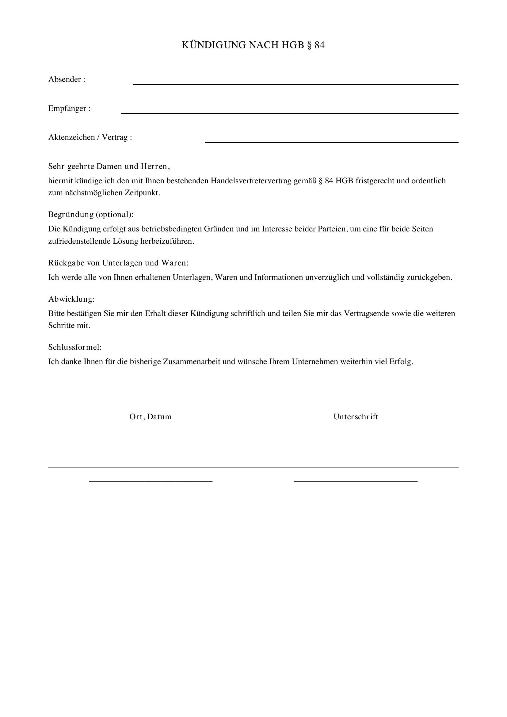 Kündigung Hgb 84 Vorlage