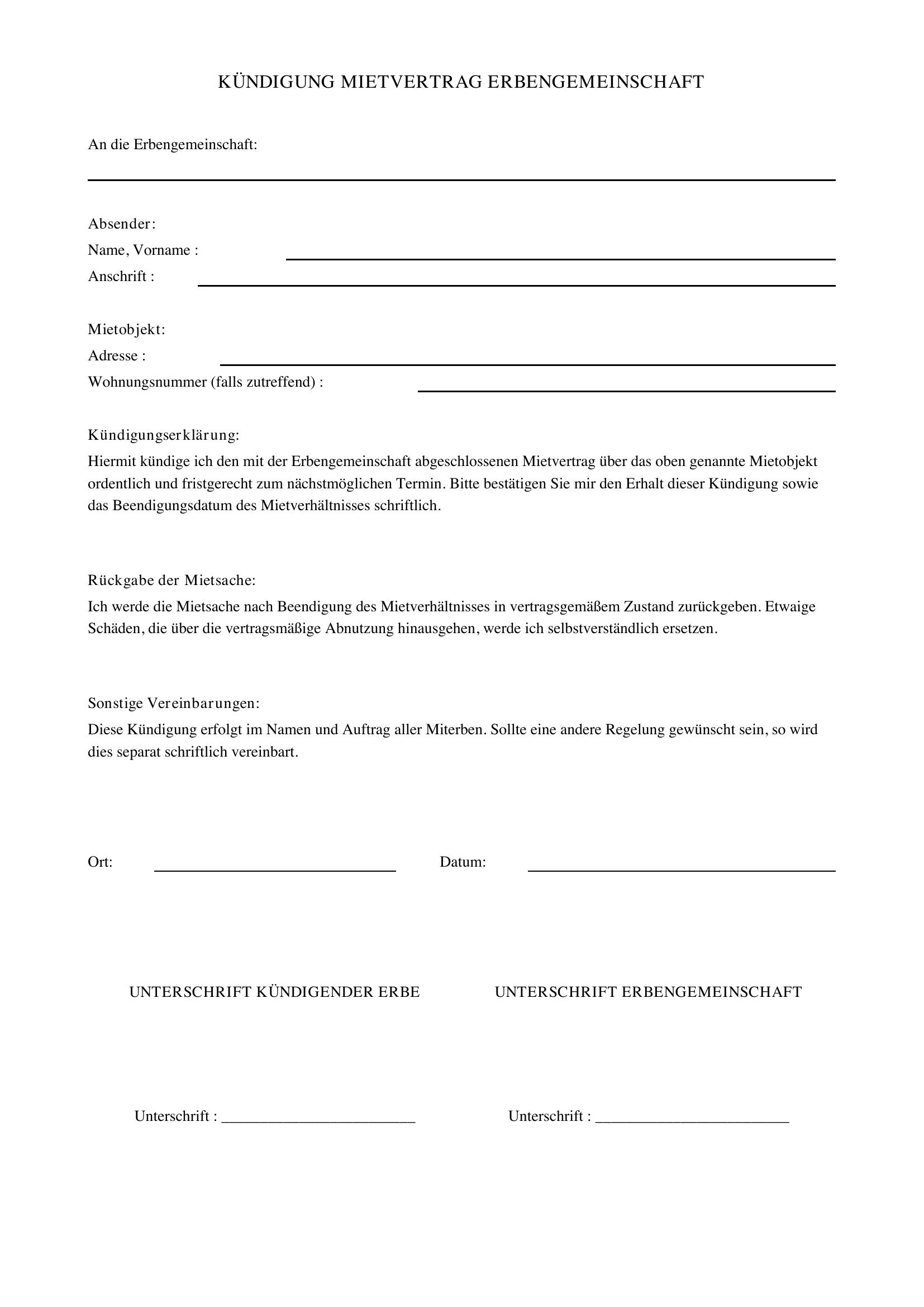 Kündigung Mietvertrag Erbengemeinschaft Muster