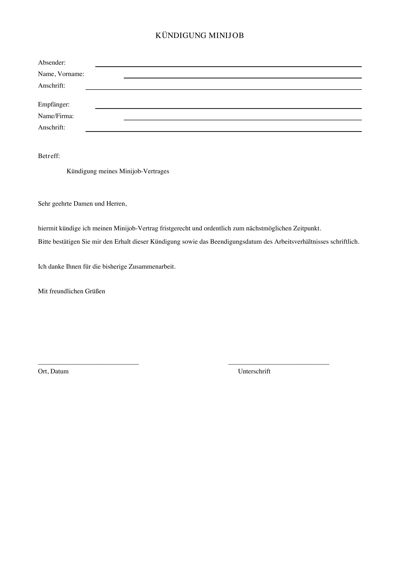 Kündigung Minijob Vorlage
