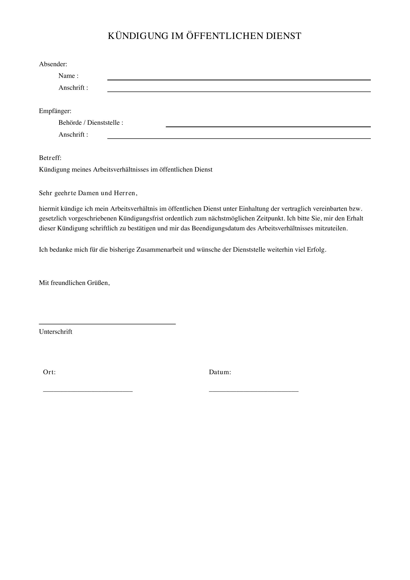 Kündigung Öffentlicher Dienst Vorlage