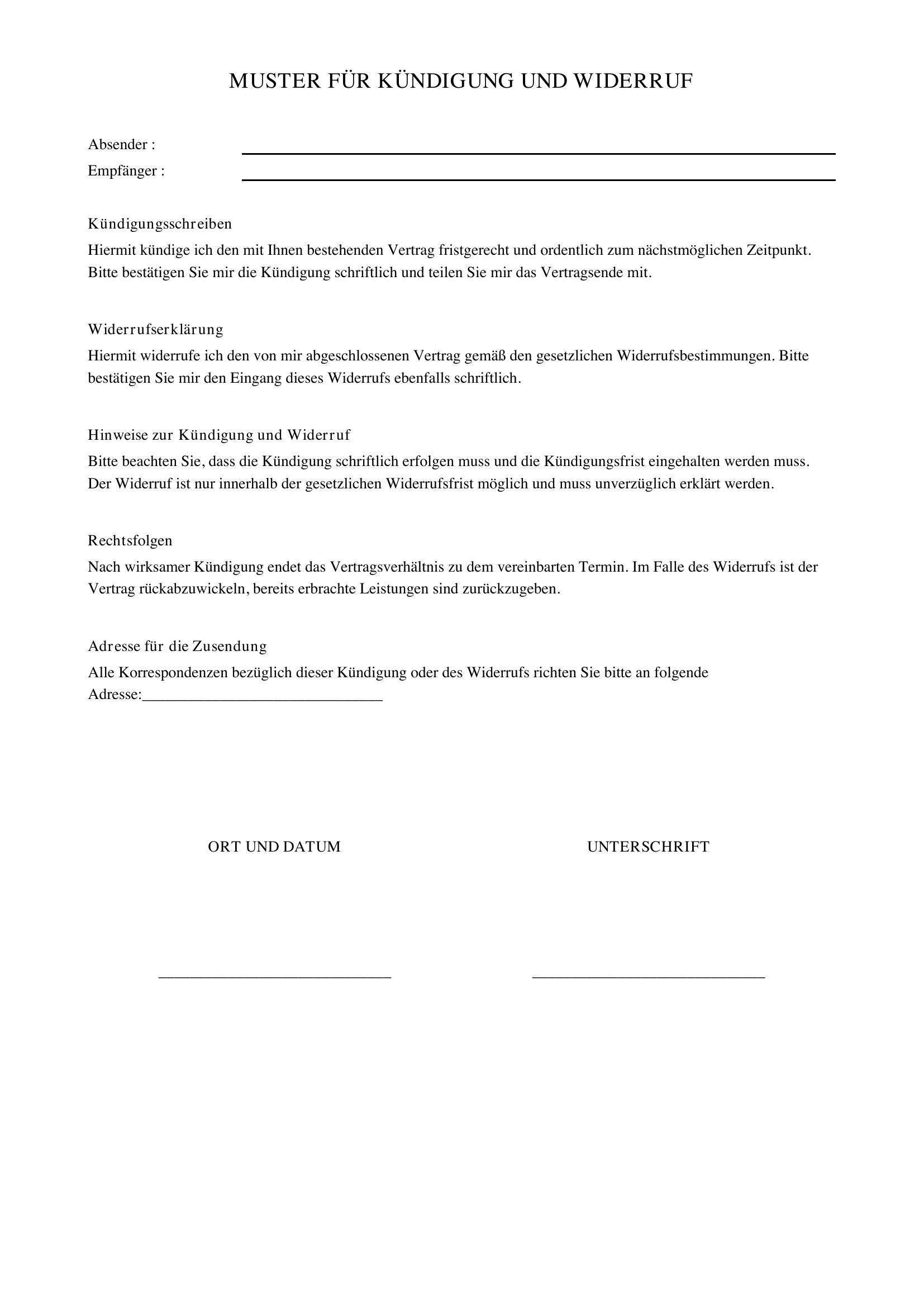 Kündigung Widerrufen Muster