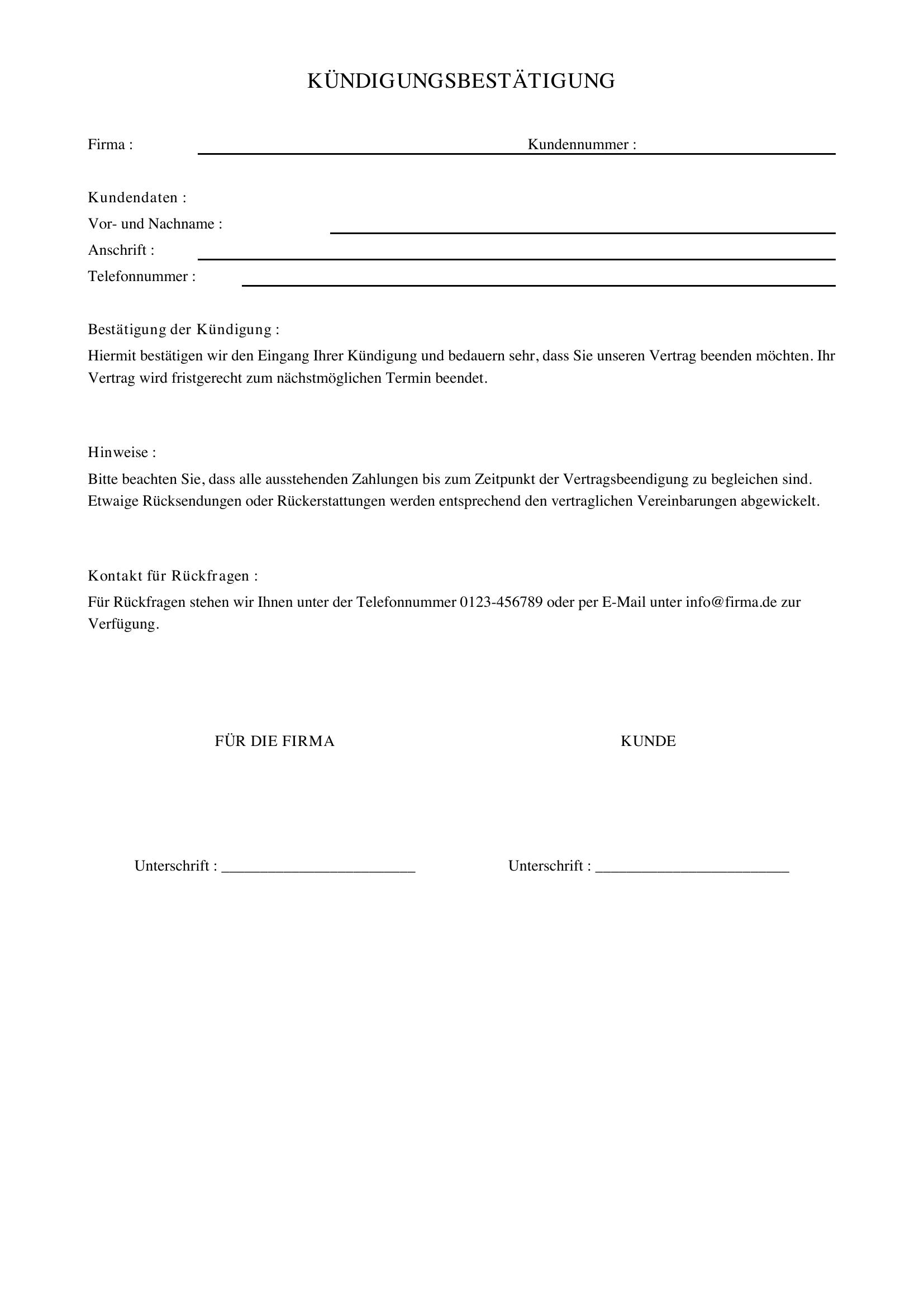 Kündigungsbestätigung Wir Bedauern