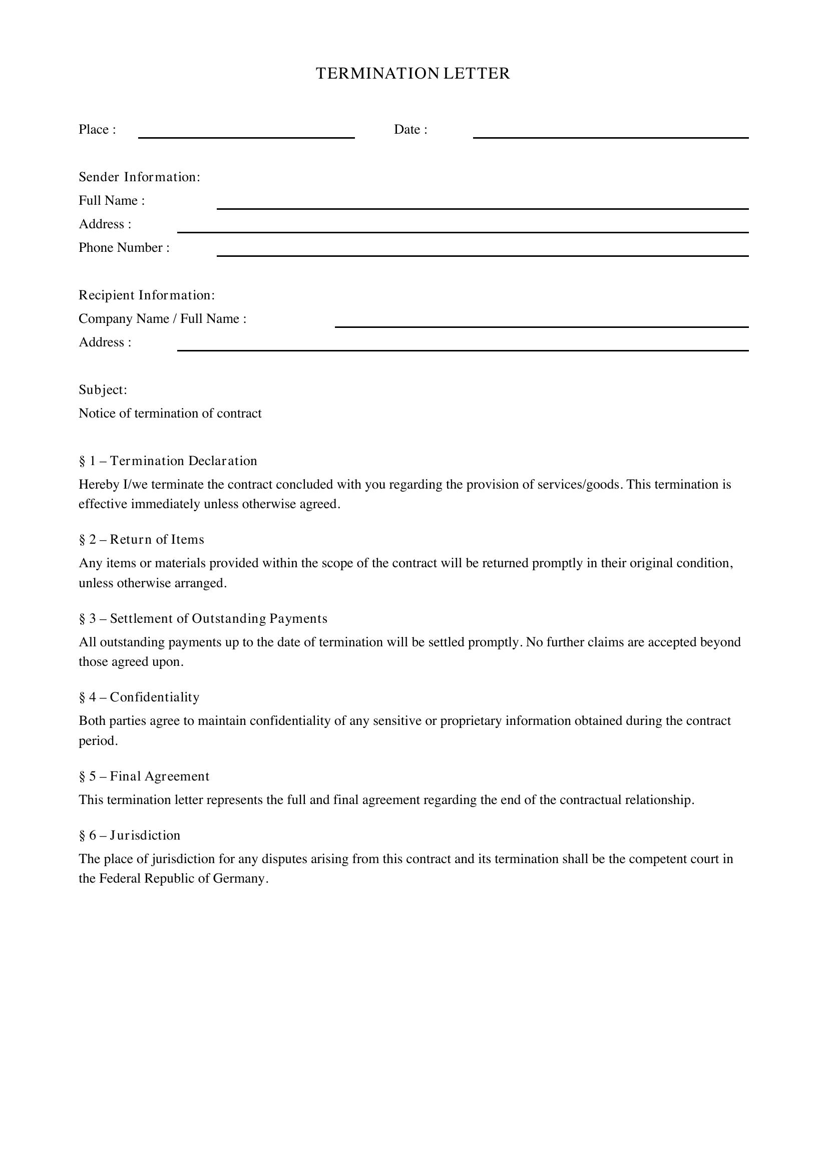 Kündigungsschreiben Englisch Vorlage