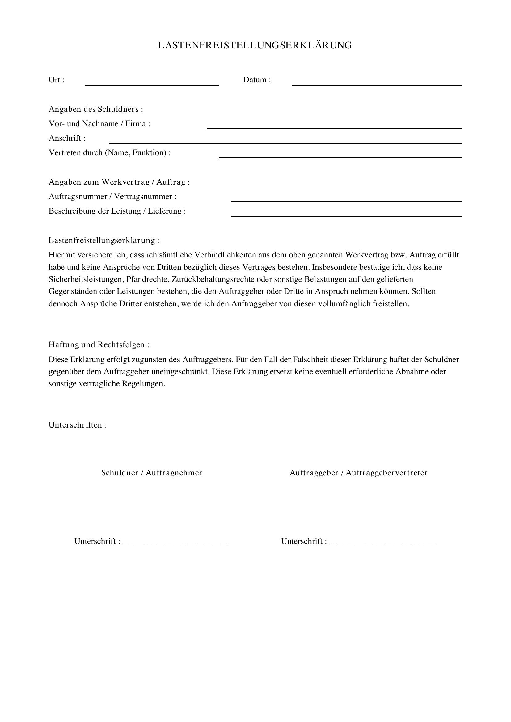 Lastenfreistellungserklärung Muster