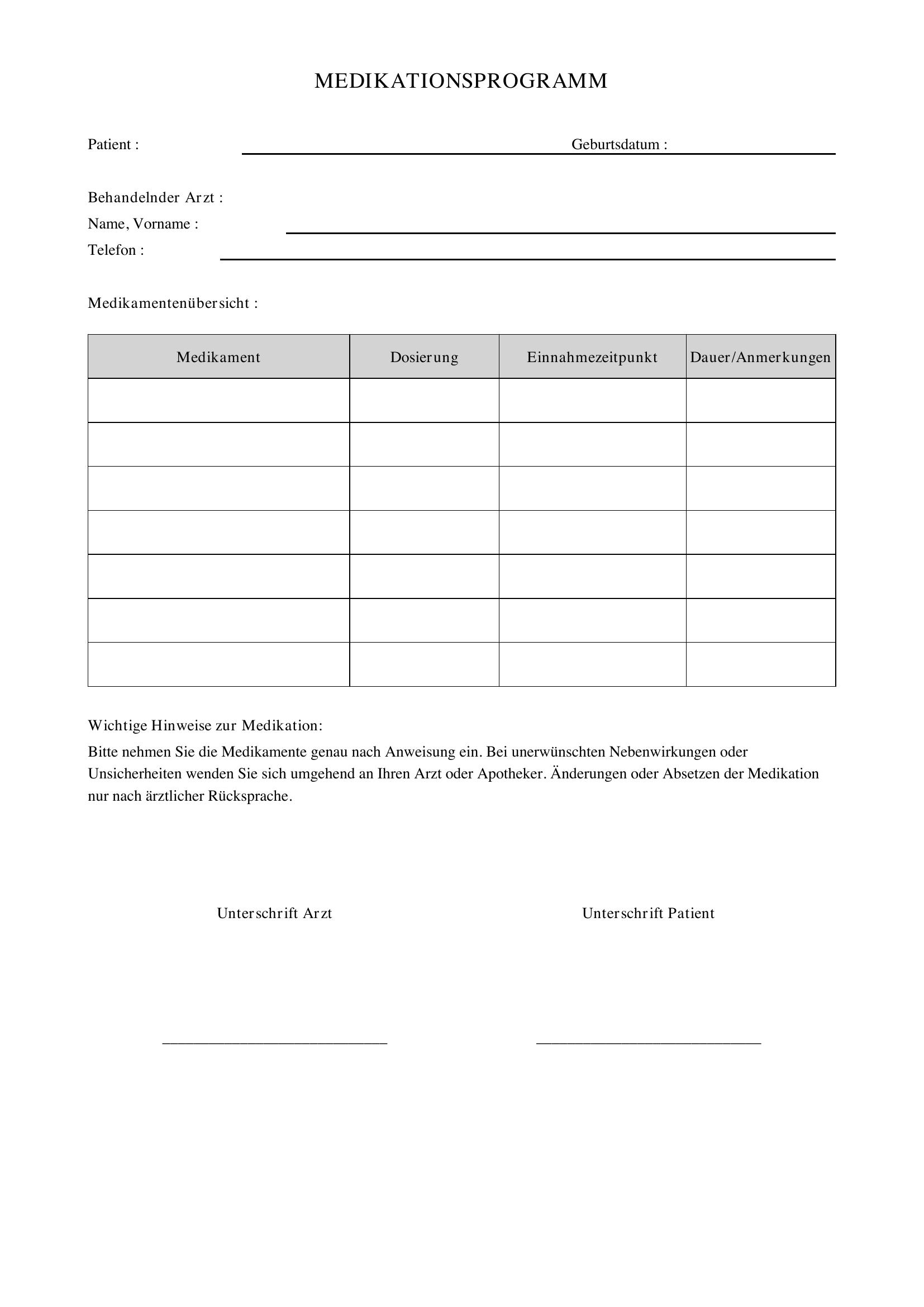 Medikamentenplan Vorlage