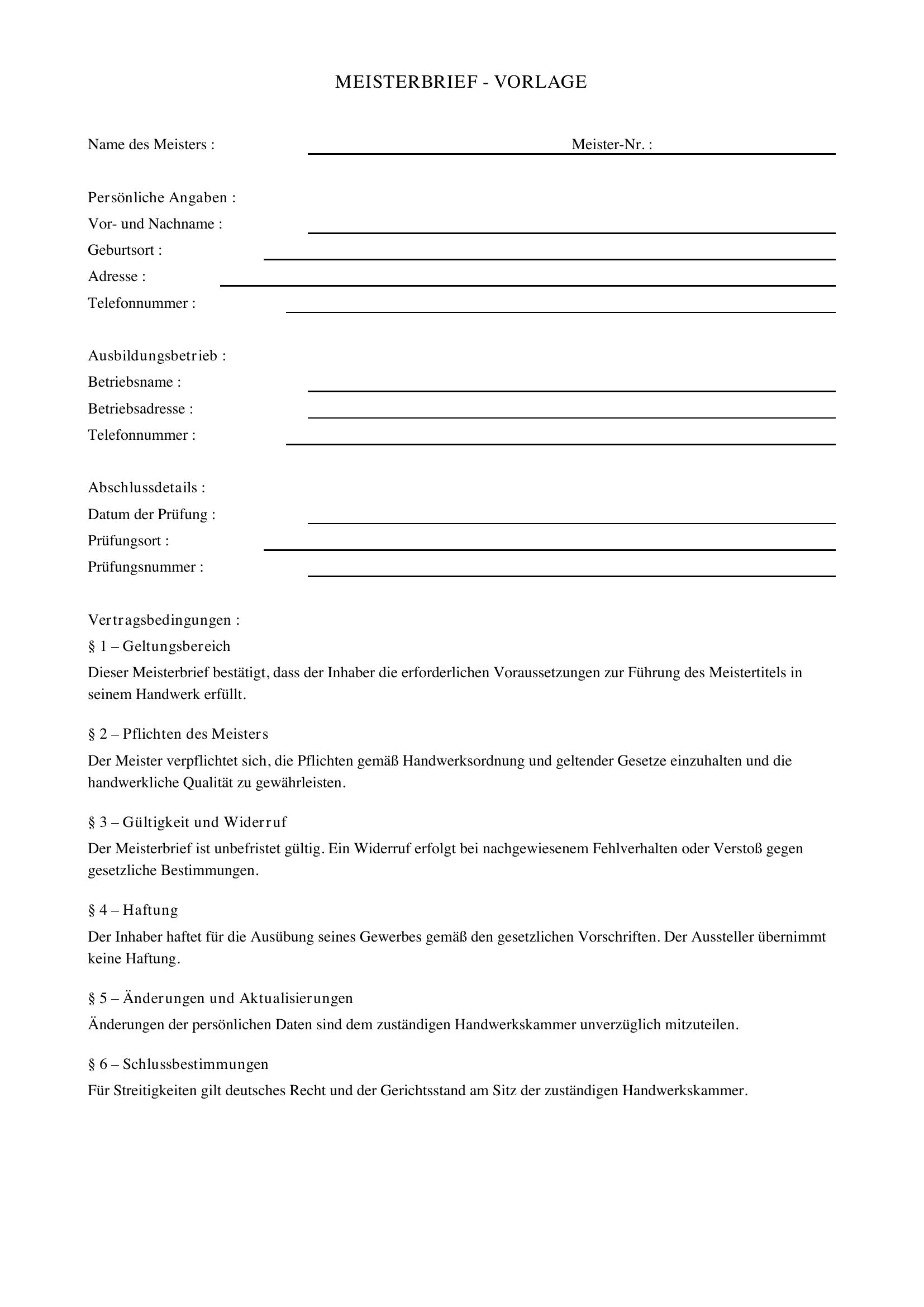 Meisterbrief Vorlage