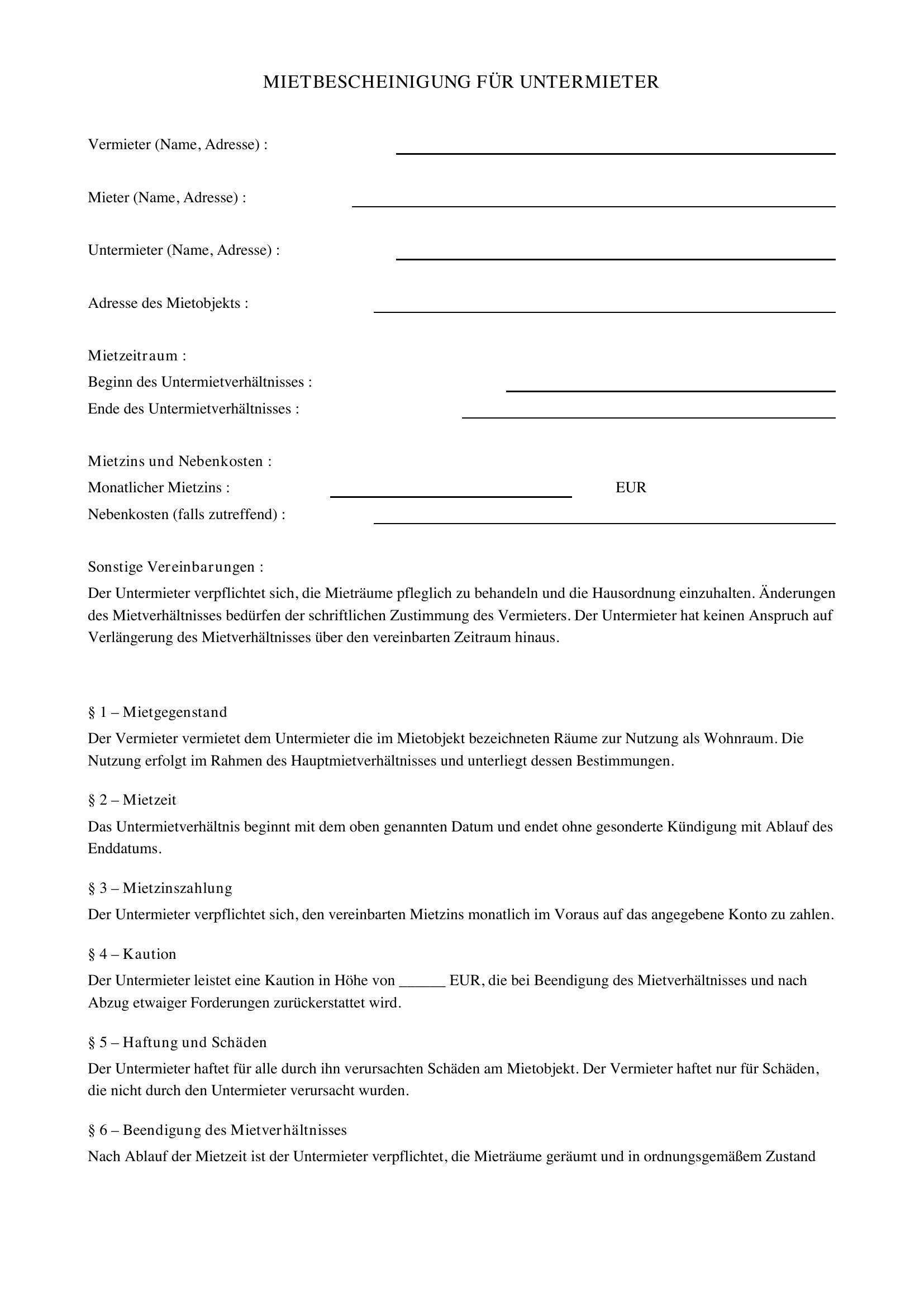 Mietbescheinigung Untermieter Vorlage