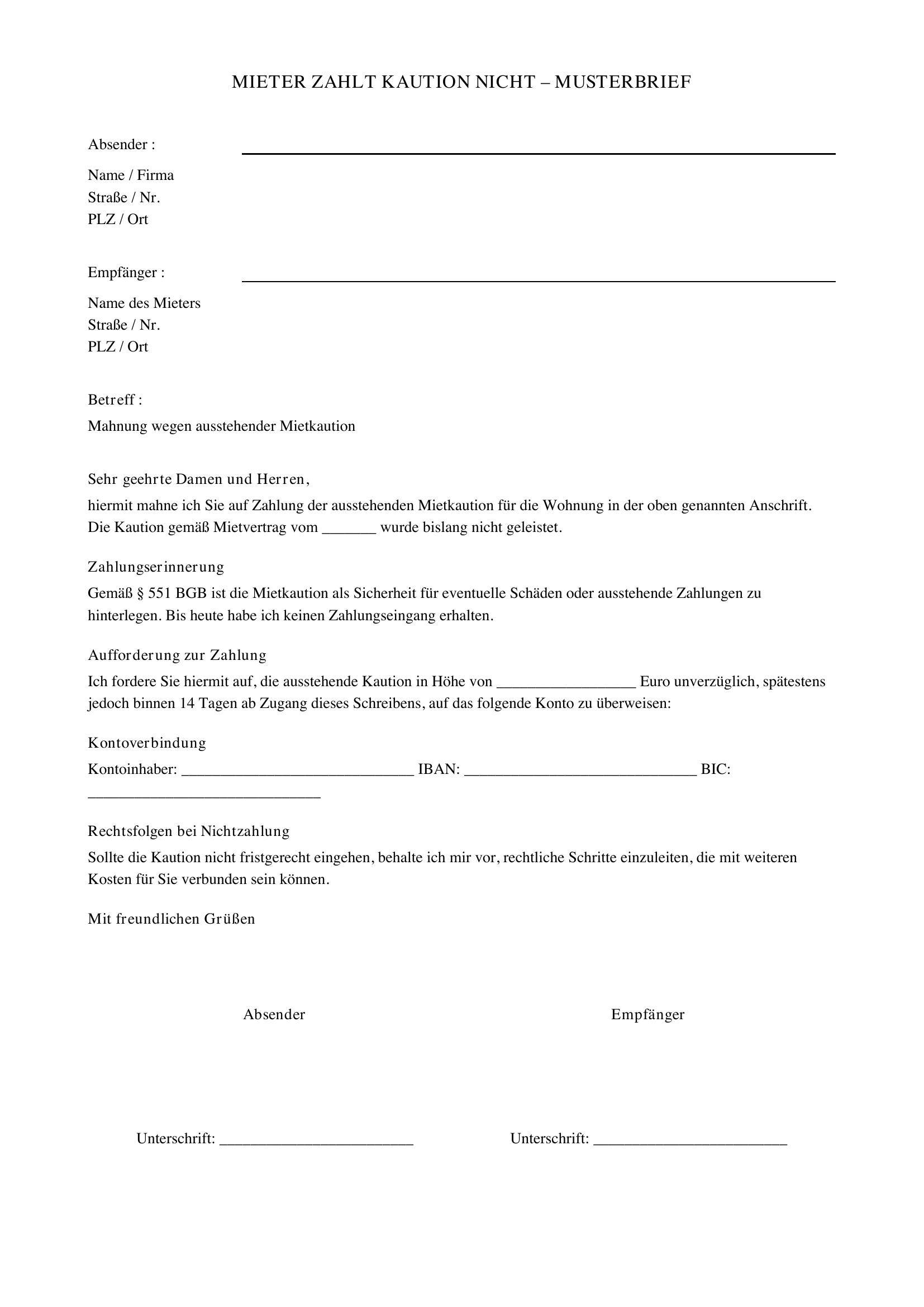 Mieter Zahlt Kaution Nicht Musterbrief