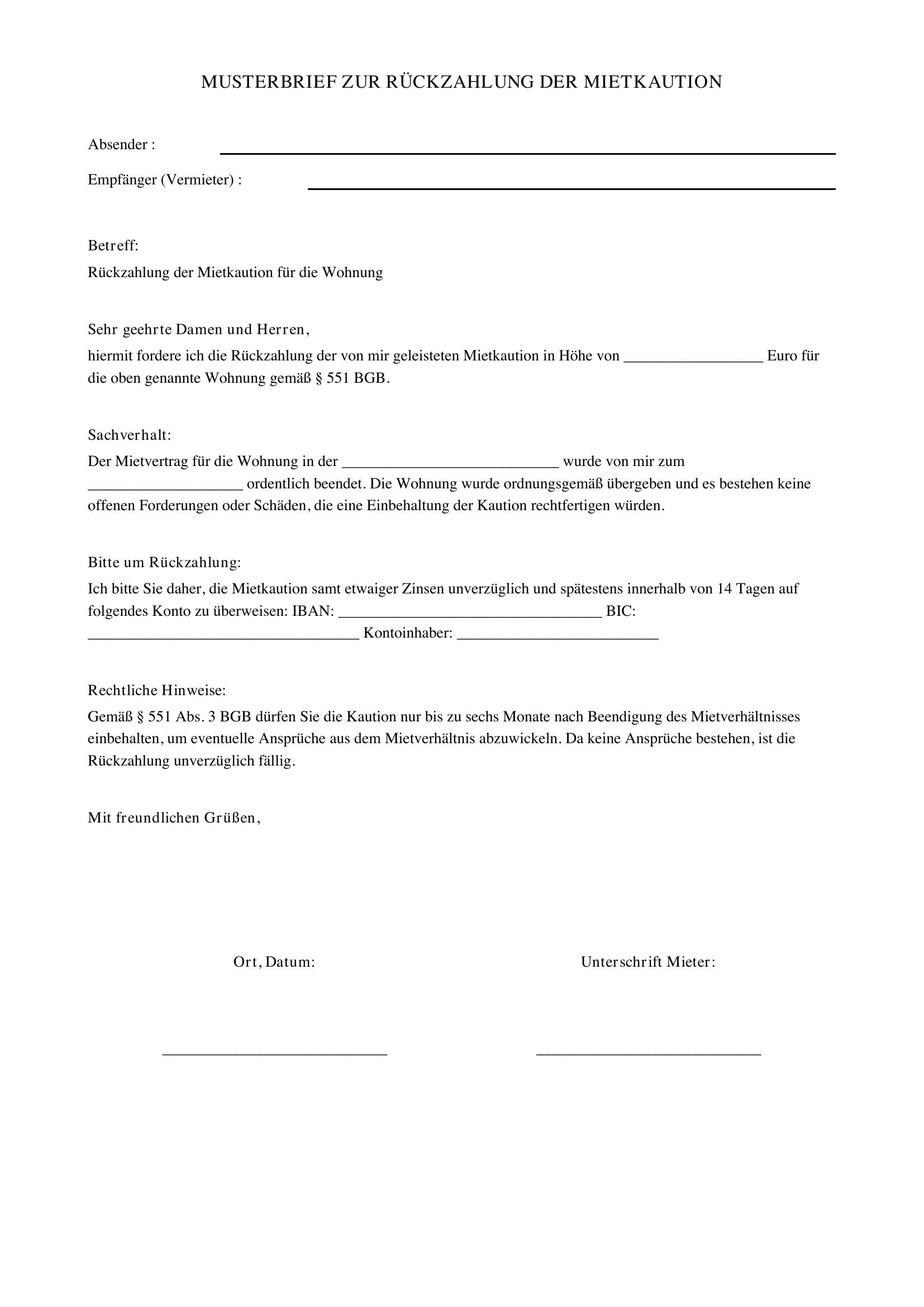 Mietkaution Rückzahlung Musterbrief Mieter