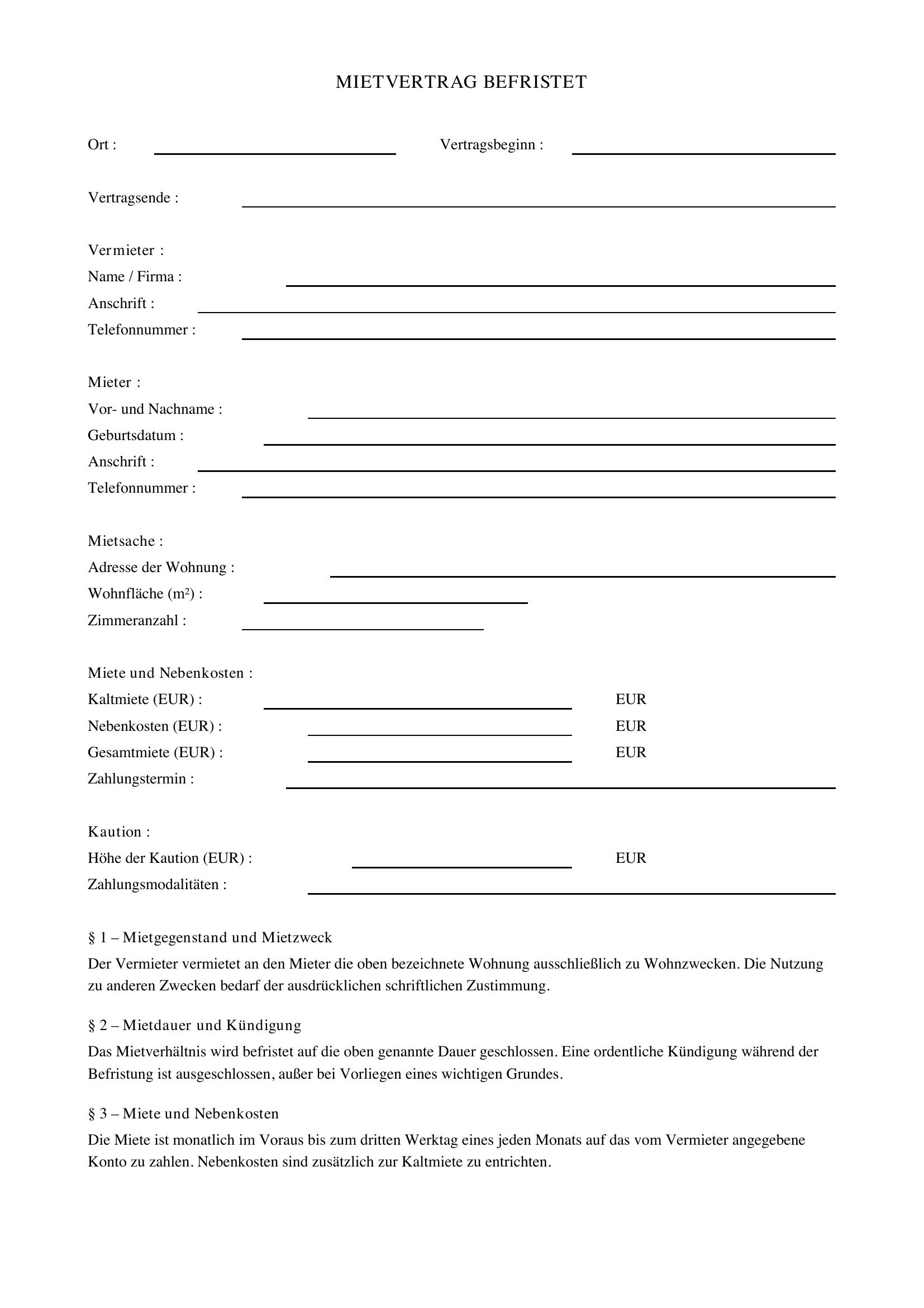 Mietvertrag Befristet Vorlage