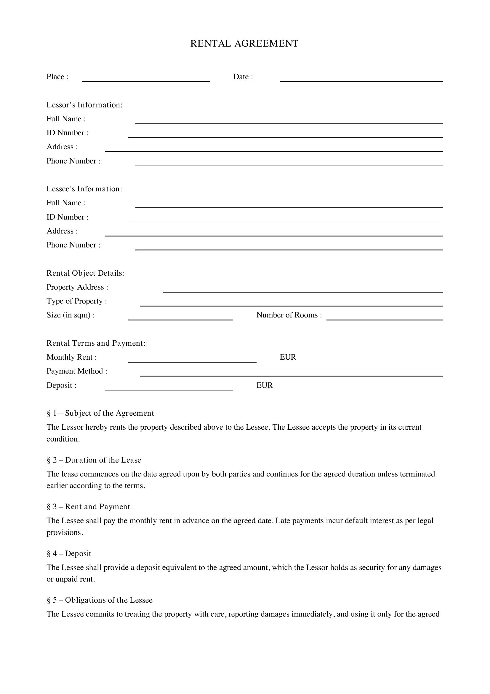 Mietvertrag Englisch