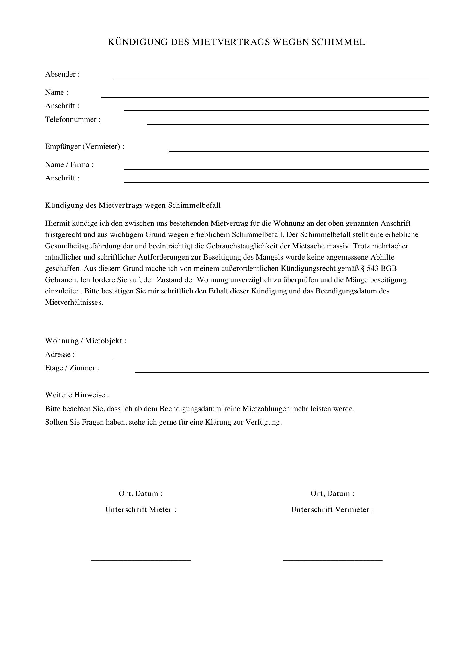 Mietvertrag Kündigen Wegen Schimmel Vorlage