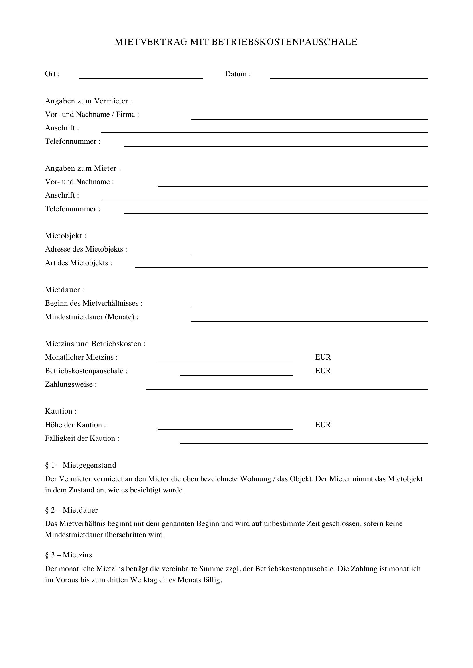 Mietvertrag Mit Betriebskostenpauschale