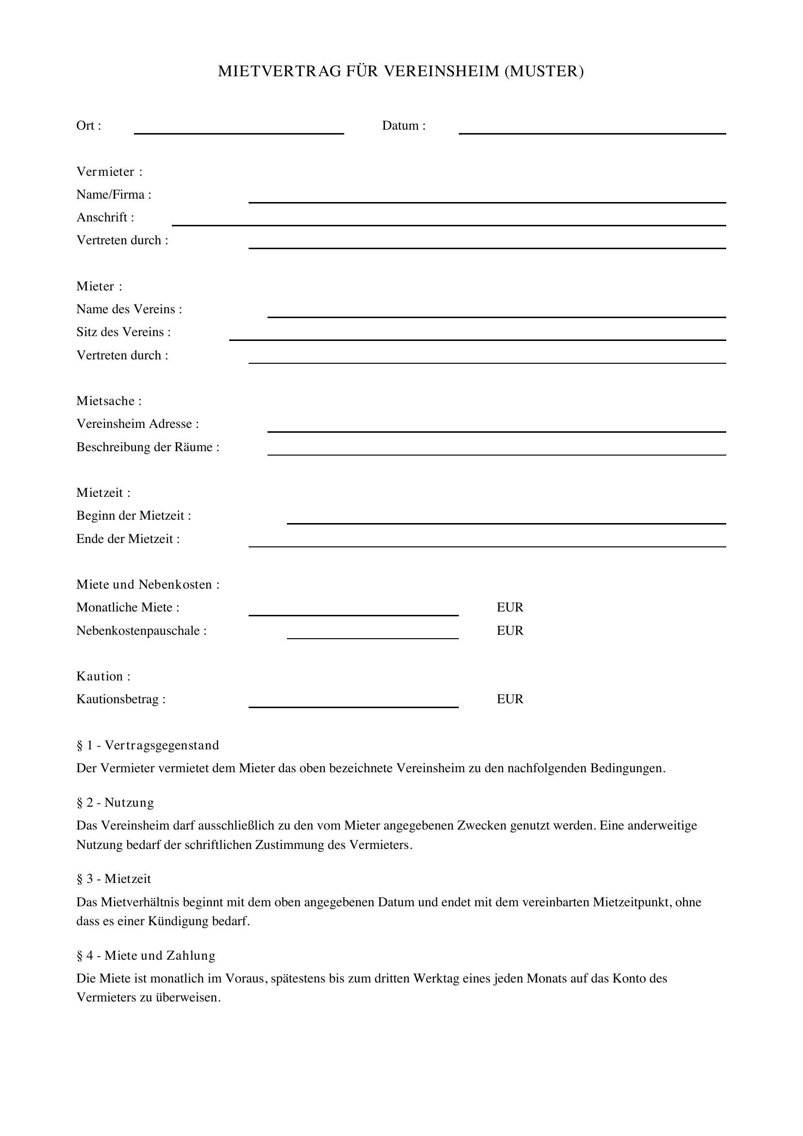 Mietvertrag Vereinsheim Muster