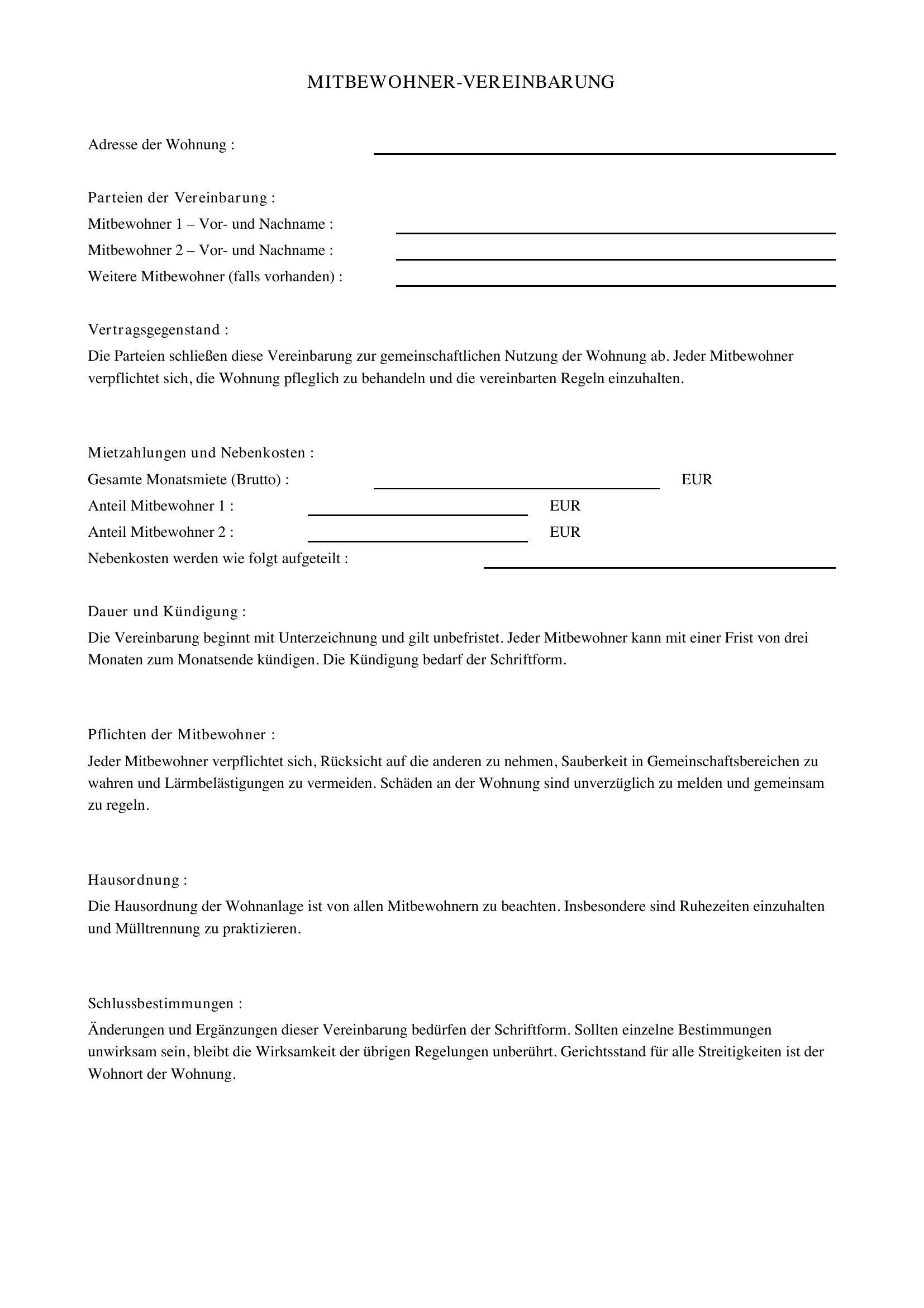 Mitbewohner Vereinbarung Vorlage