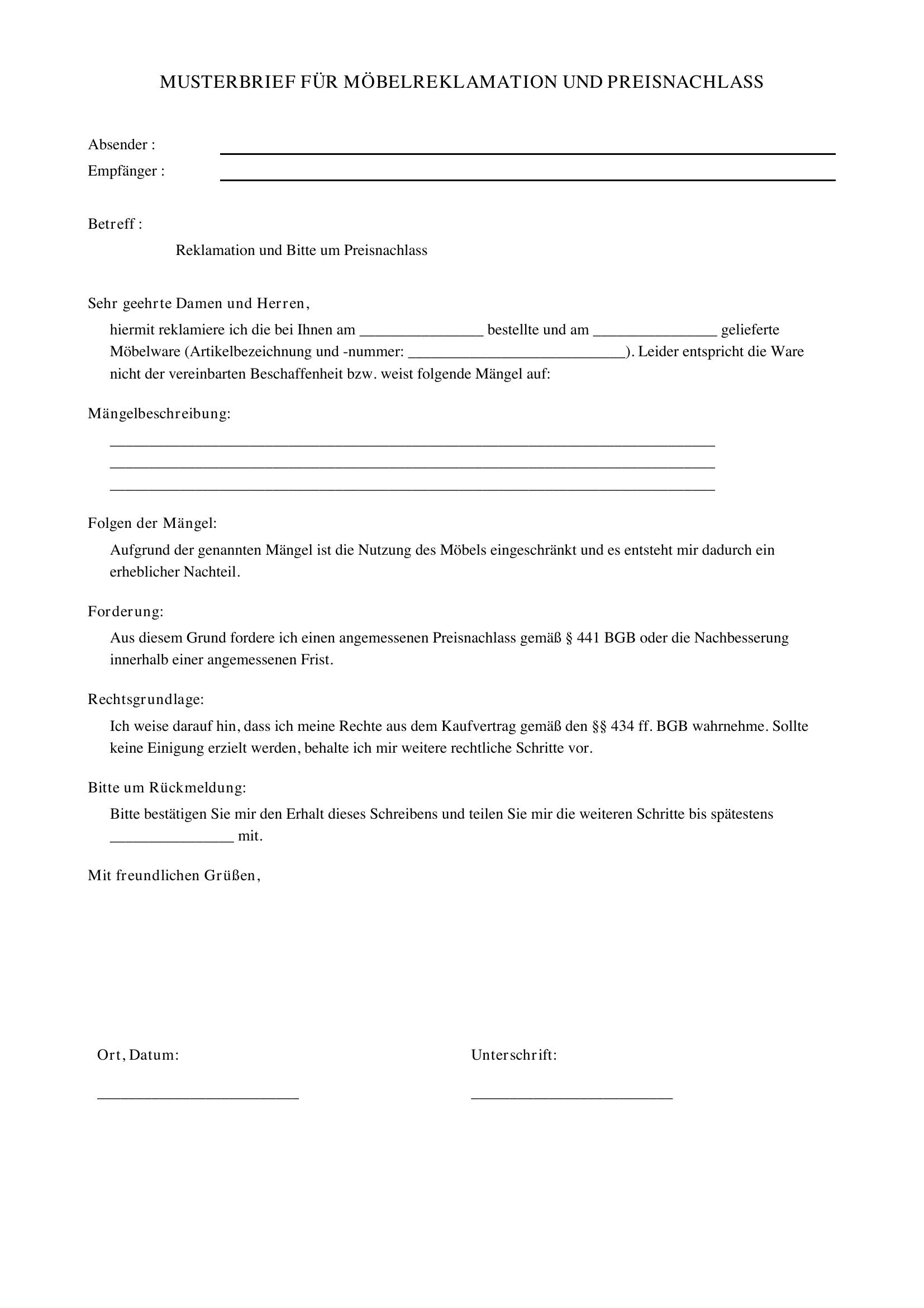 Möbel Reklamation Preisnachlass Musterbrief