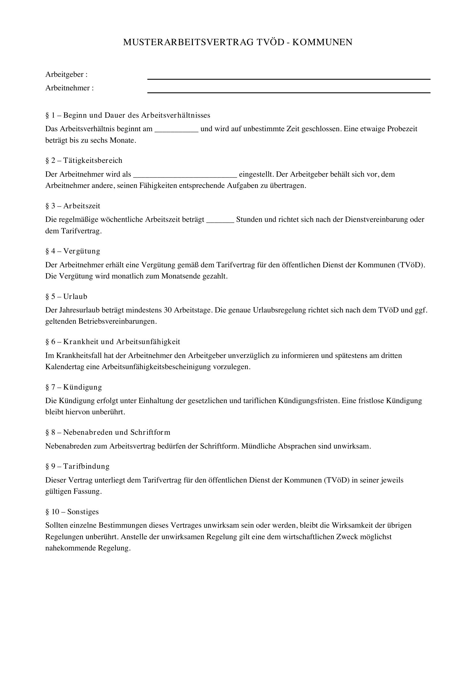 Muster Arbeitsvertrag Tvöd Kommunen