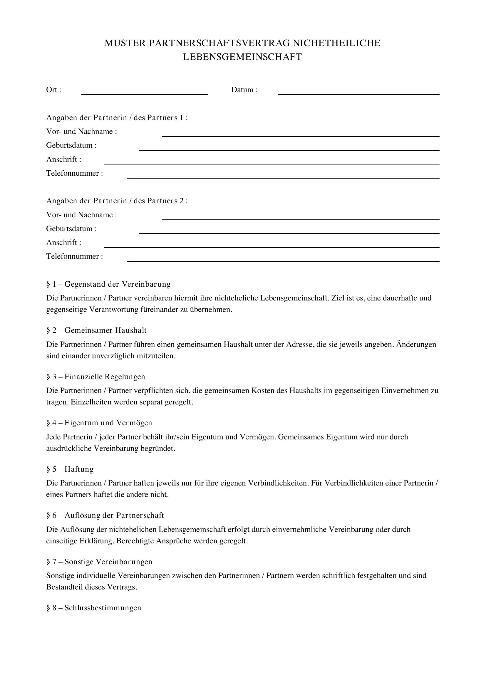 Muster Partnerschaftsvertrag Nichteheliche Lebensgemeinschaft