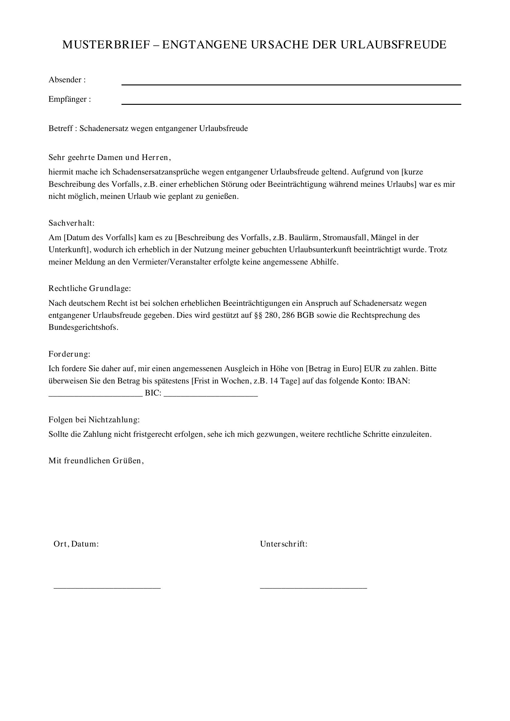 Musterbrief Entgangene Urlaubsfreude