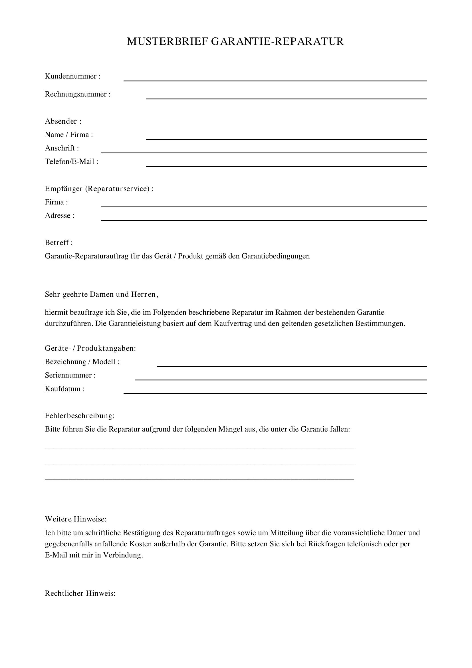 Musterbrief Garantie Reparatur