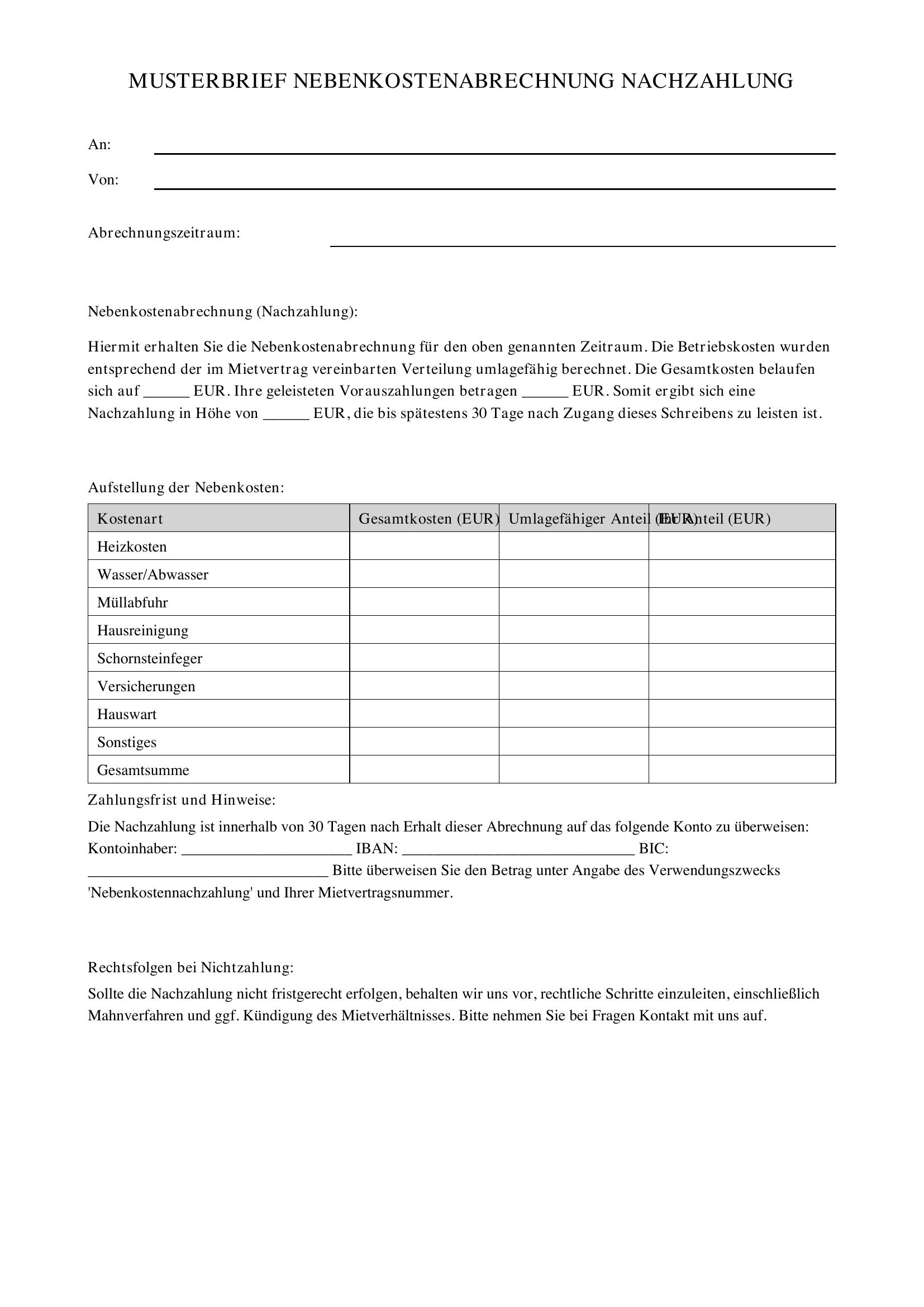 Musterbrief Nebenkostenabrechnung Nachzahlung
