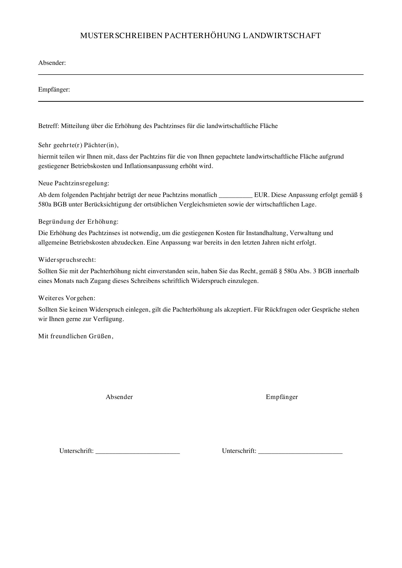 Musterschreiben Pachterhöhung Landwirtschaft