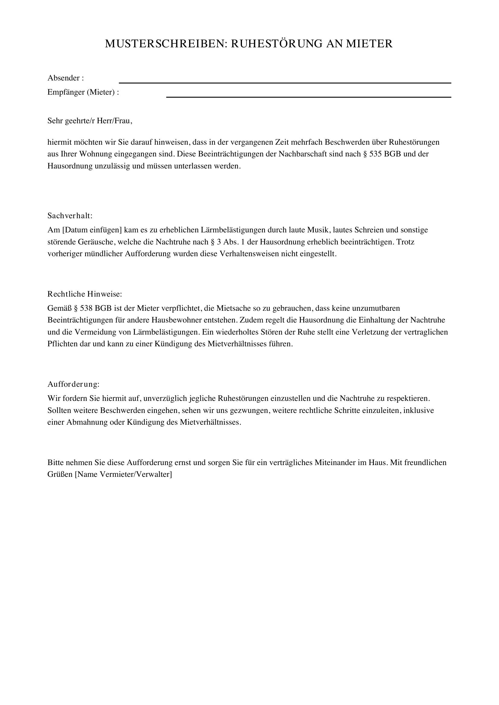 Musterschreiben Ruhestörung An Mieter