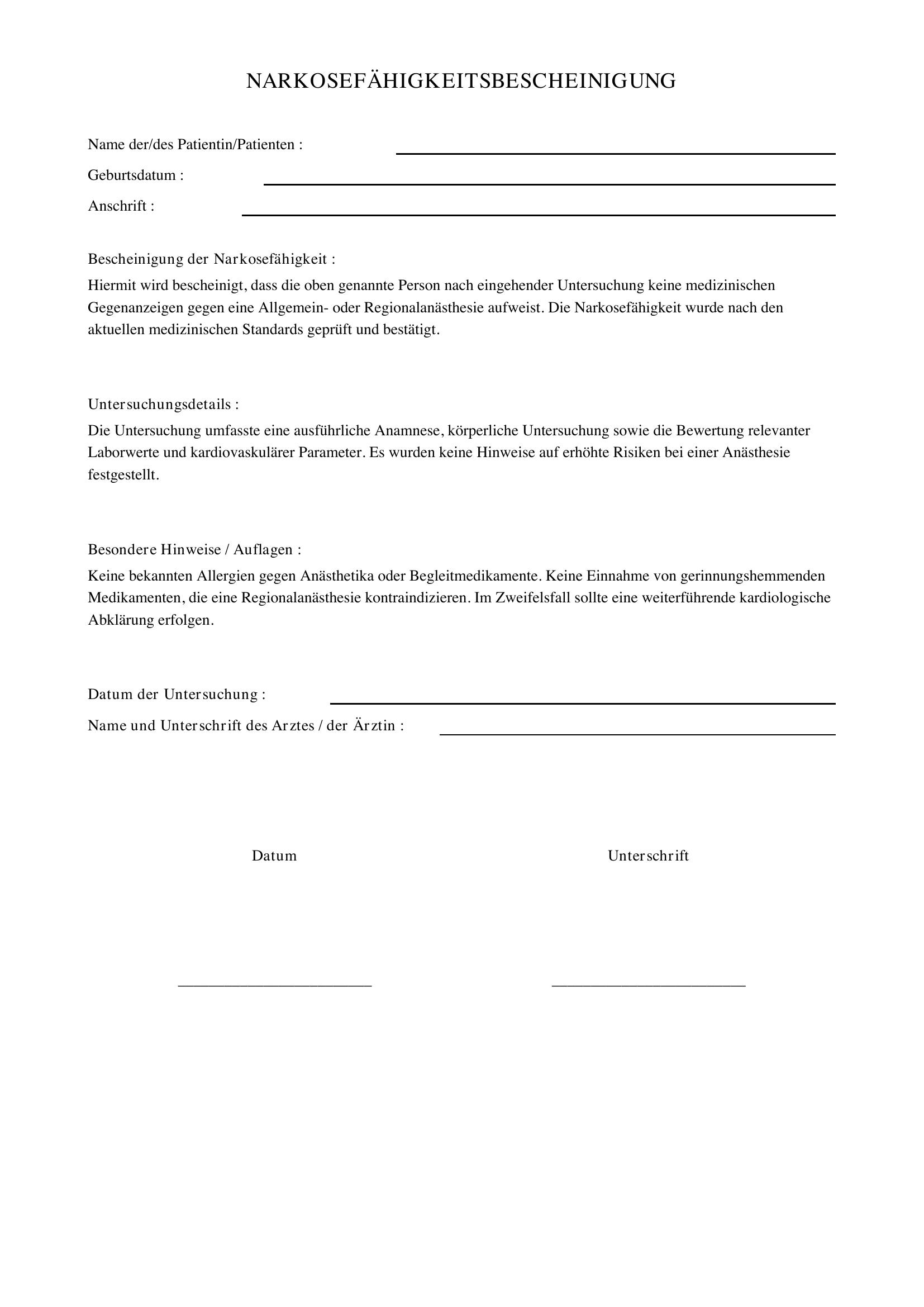 Narkosefähigkeit Bescheinigung Vorlage