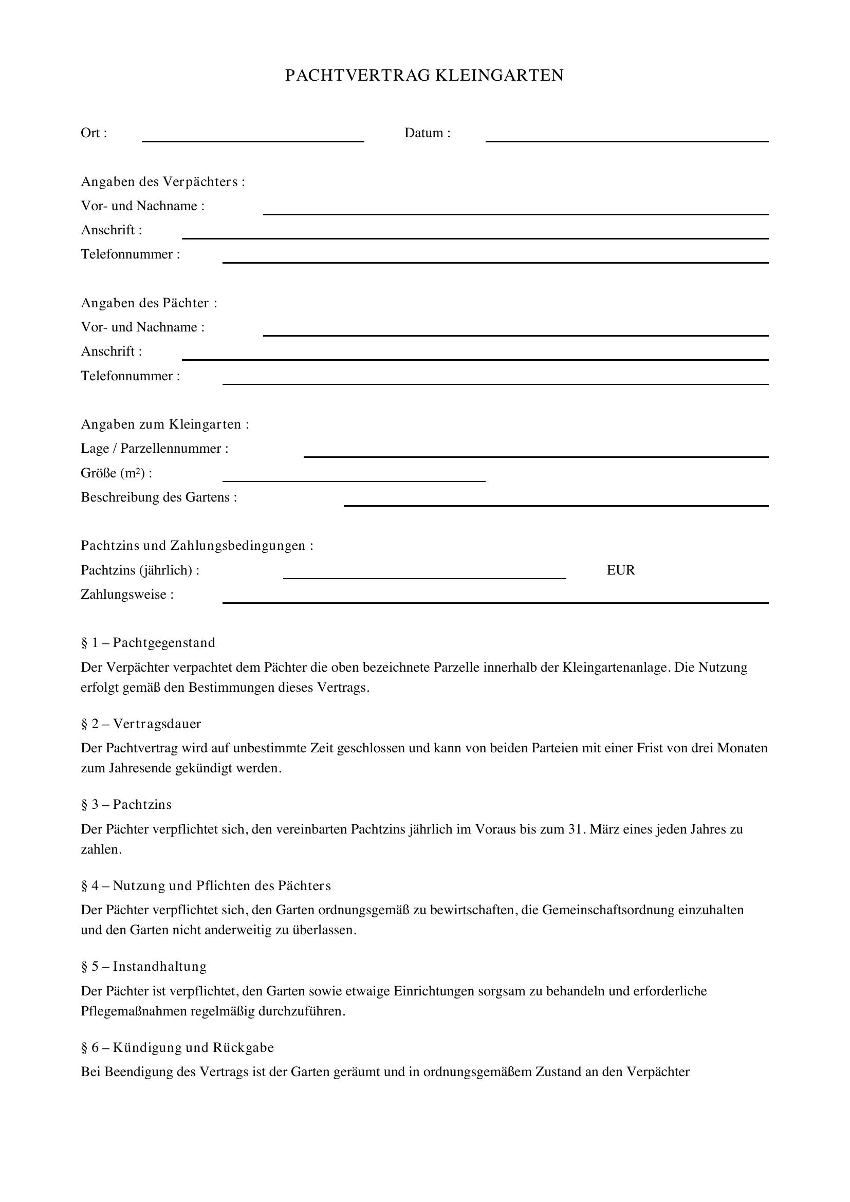 Pachtvertrag Kleingarten Vorlage