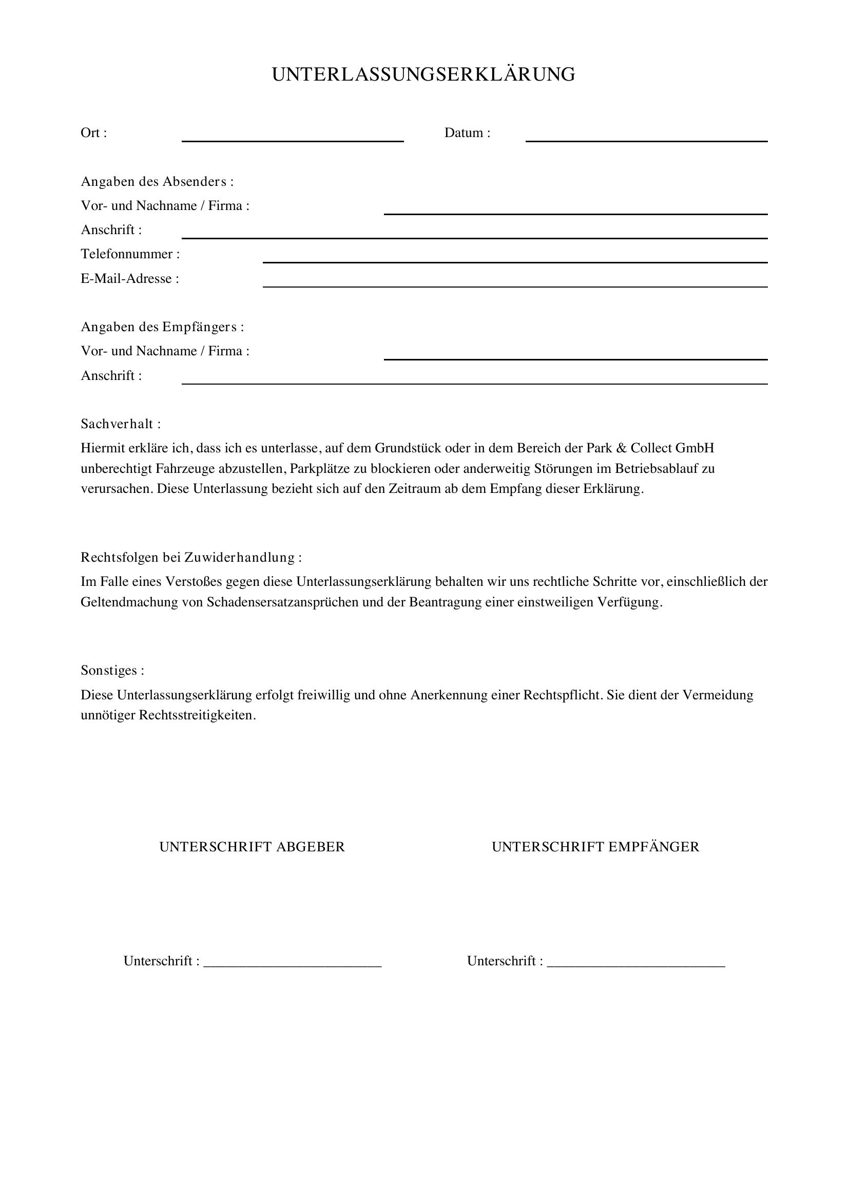 Park & Collect Unterlassungserklärung Muster