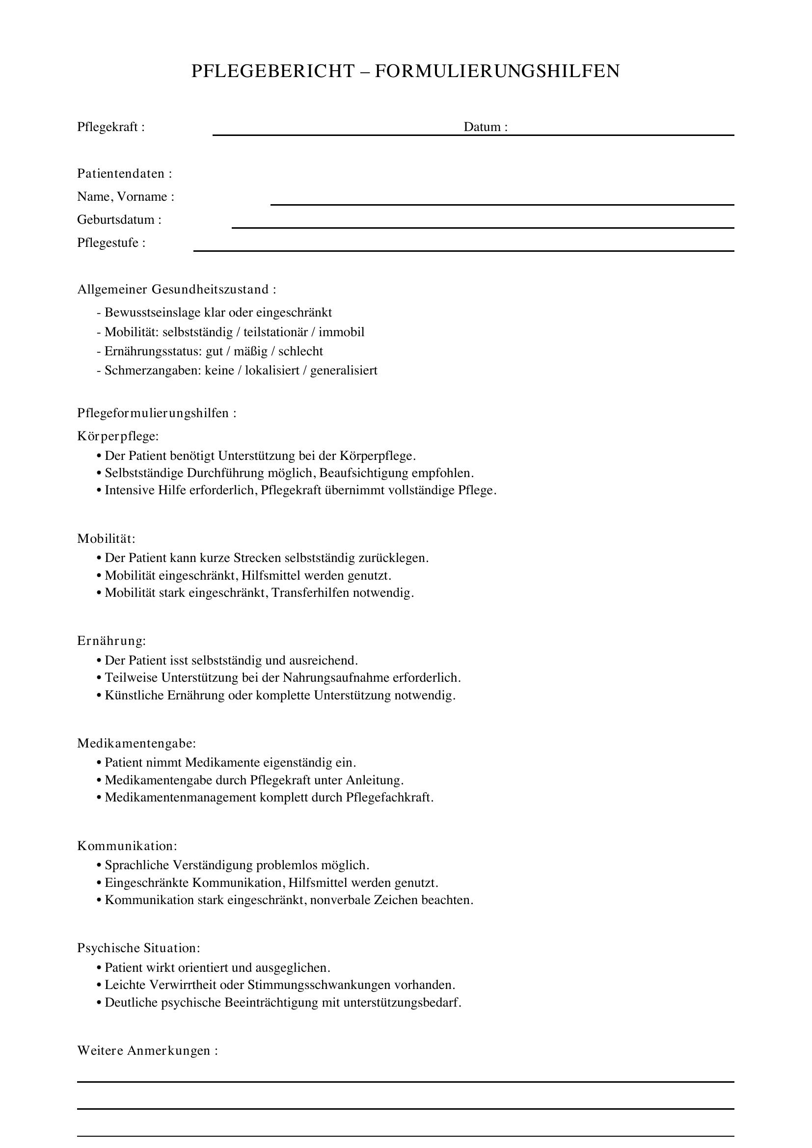 Pflegebericht Formulierungshilfen