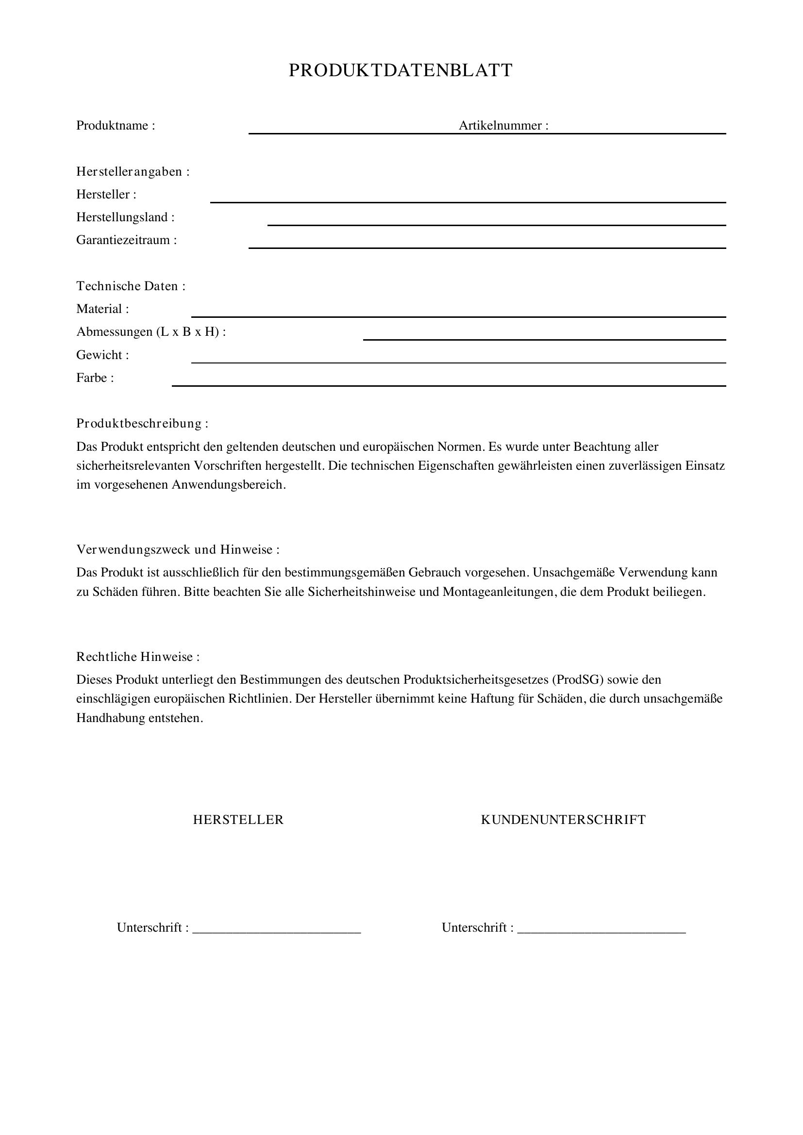 Produktdatenblatt Vorlage