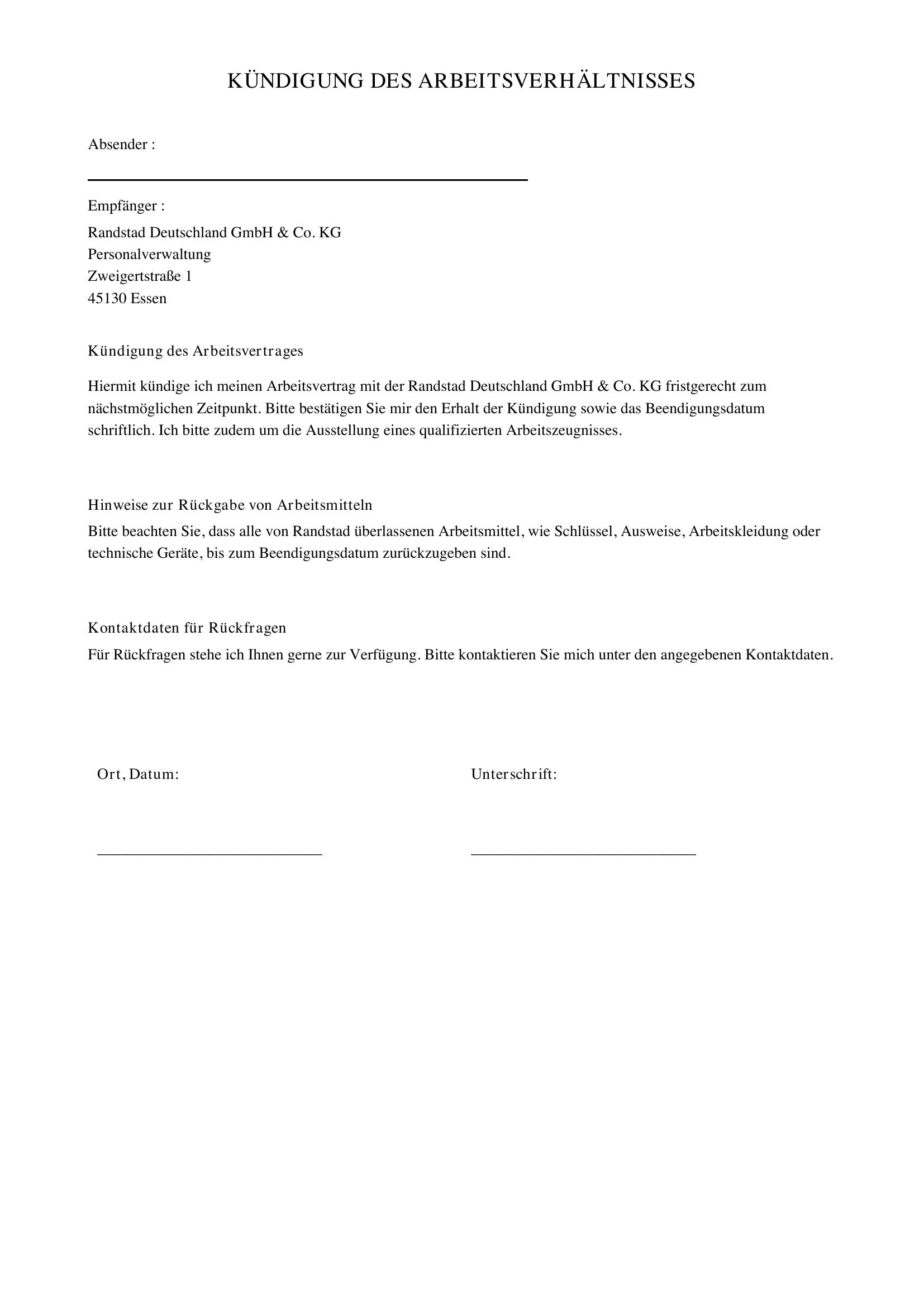 Randstad Kündigung Vorlage