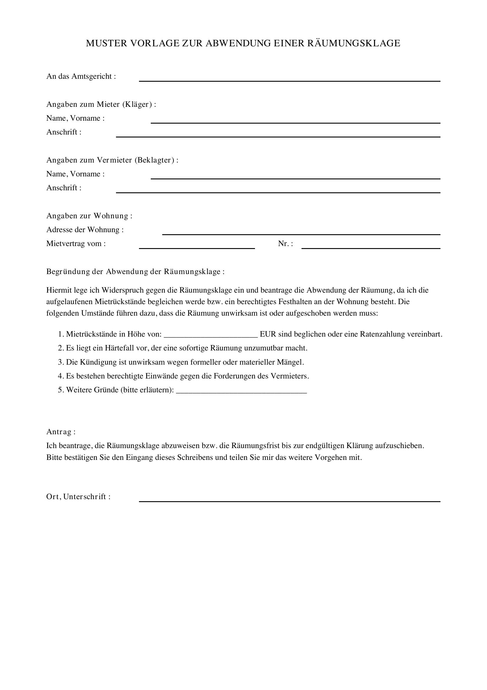 Räumungsklage Abwenden Muster