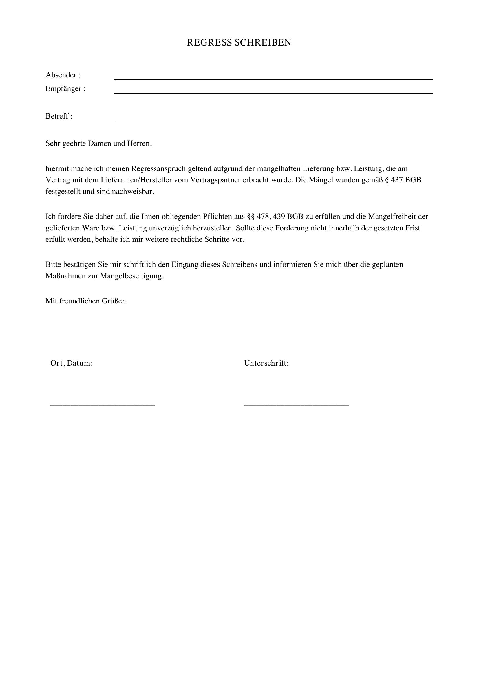 Regress Schreiben Vorlage