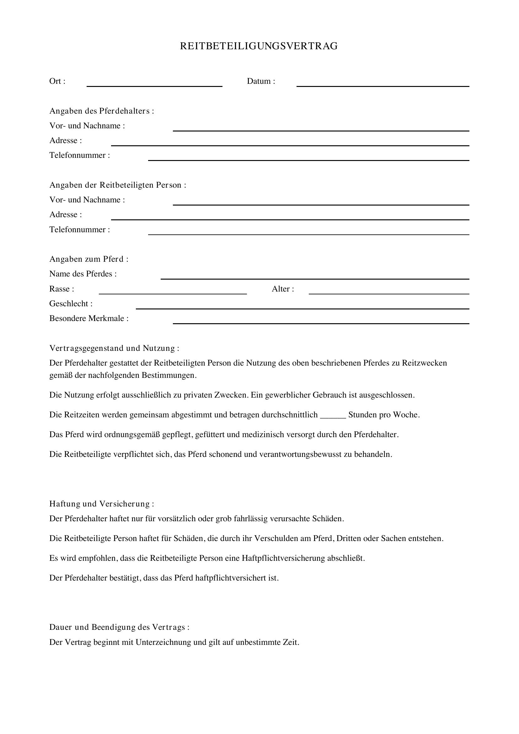 Reitbeteiligungsvertrag Muster