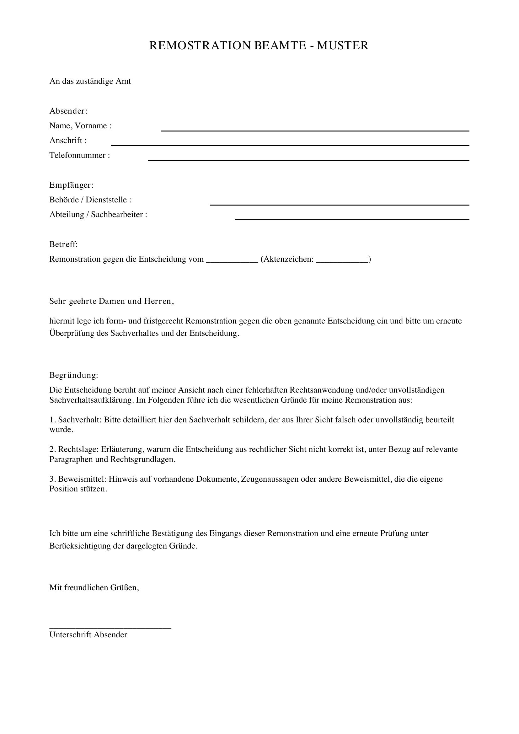 Remonstration Beamte Muster