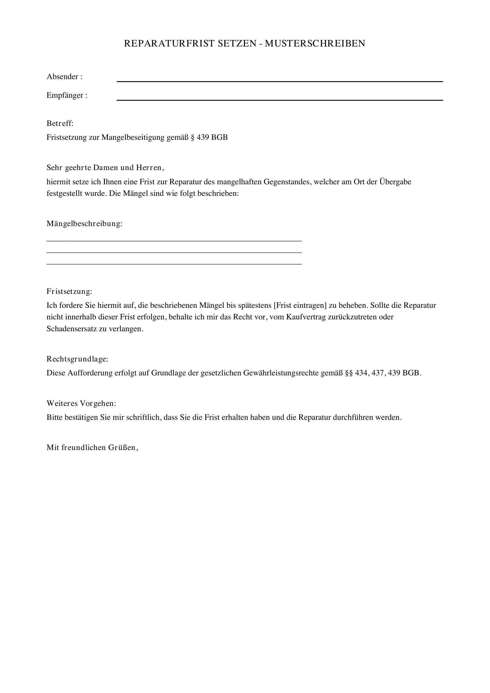 Reparatur Frist Setzen Muster