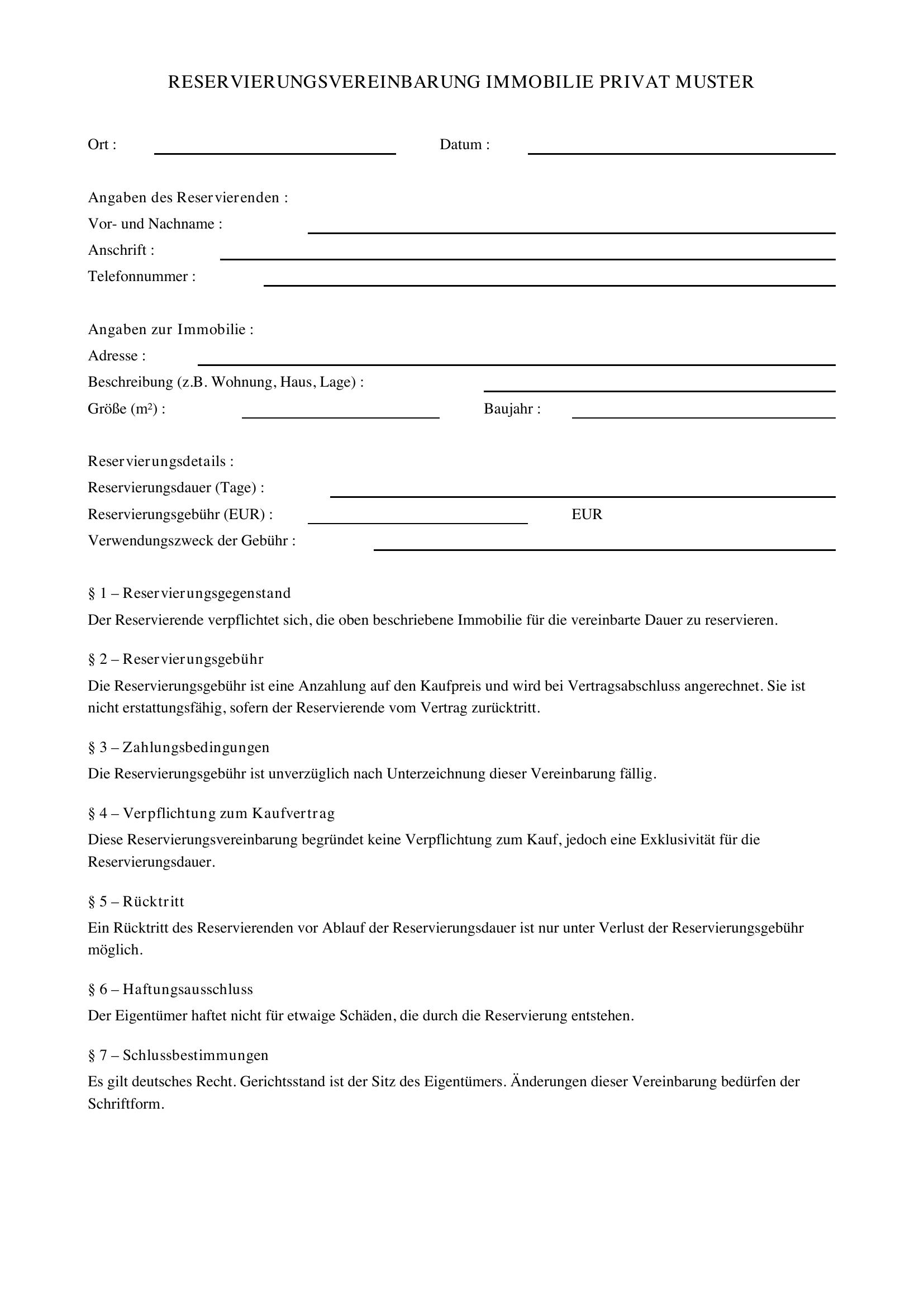 Reservierungsvereinbarung Immobilie Privat Muster