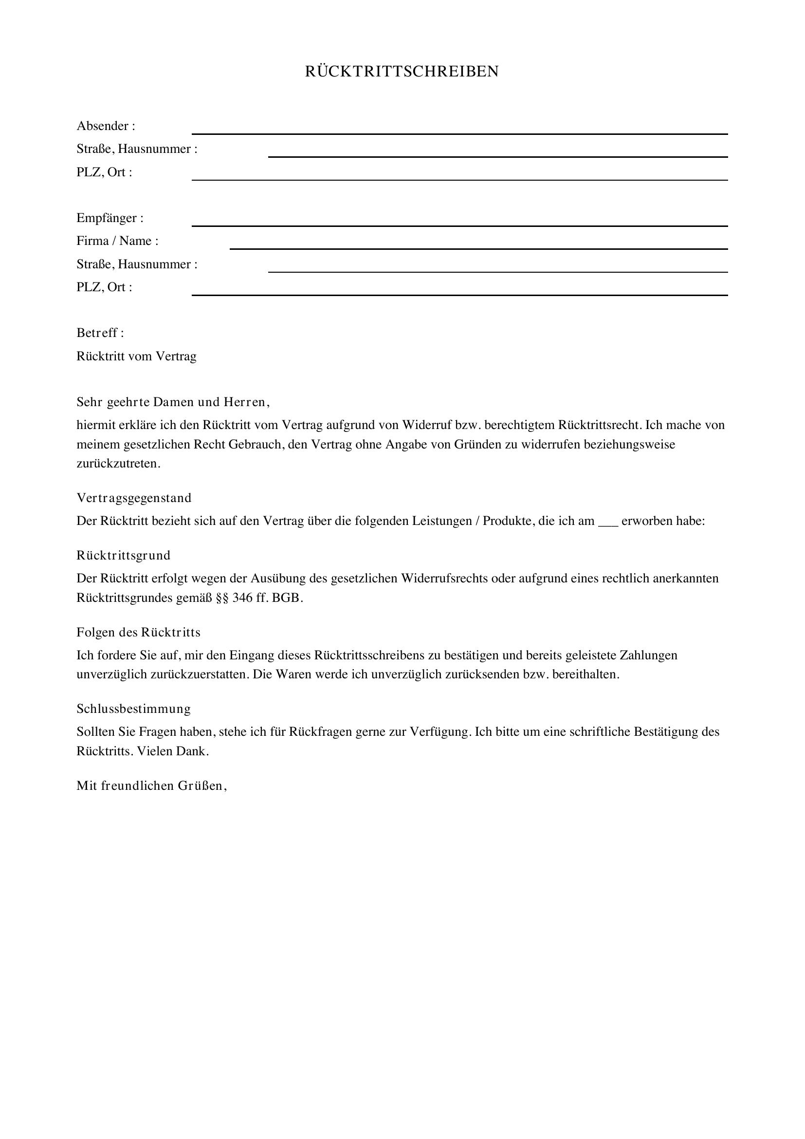 Rücktrittsschreiben Verein Vorlage