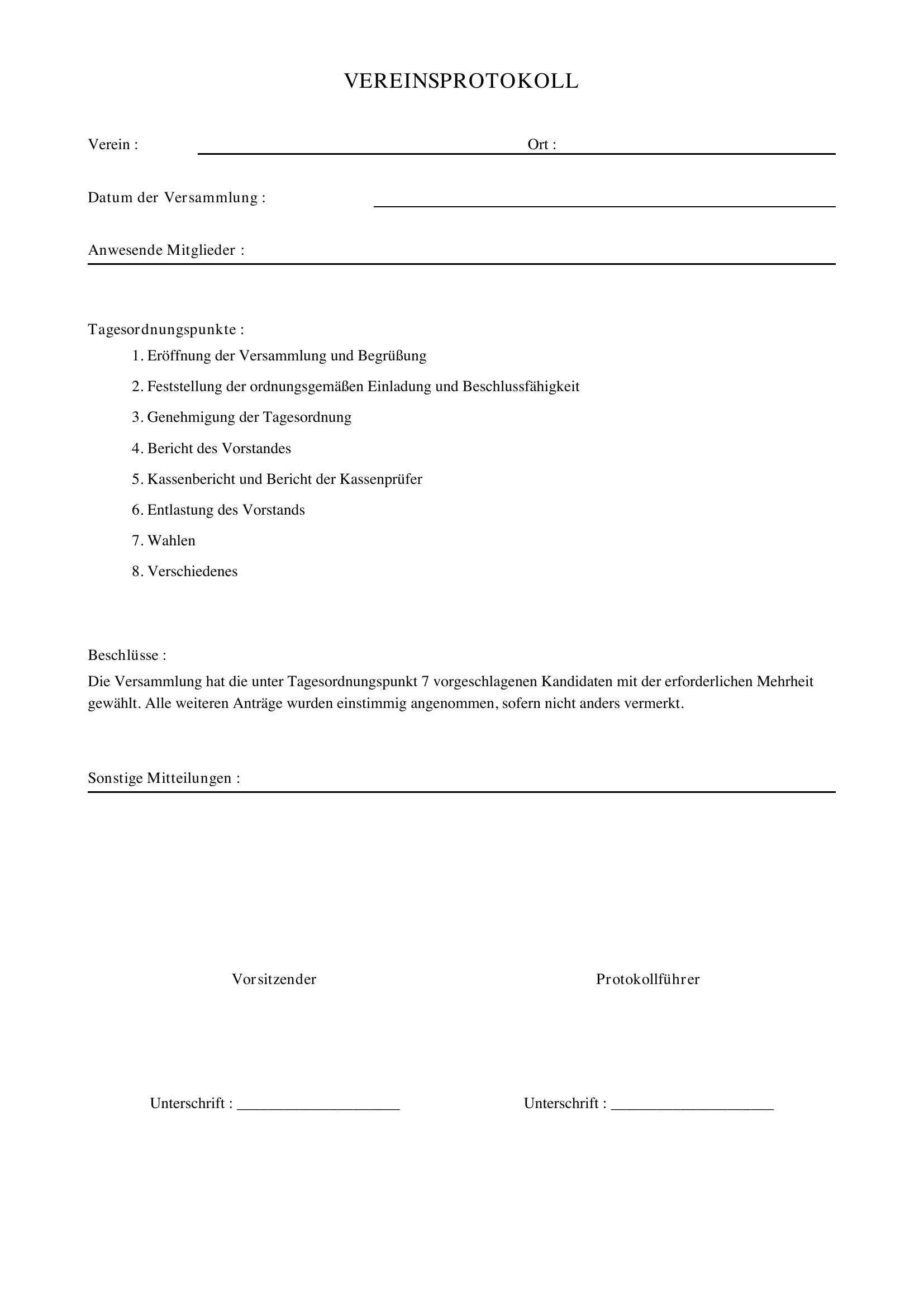 Schriftführer Verein Protokoll Vorlage