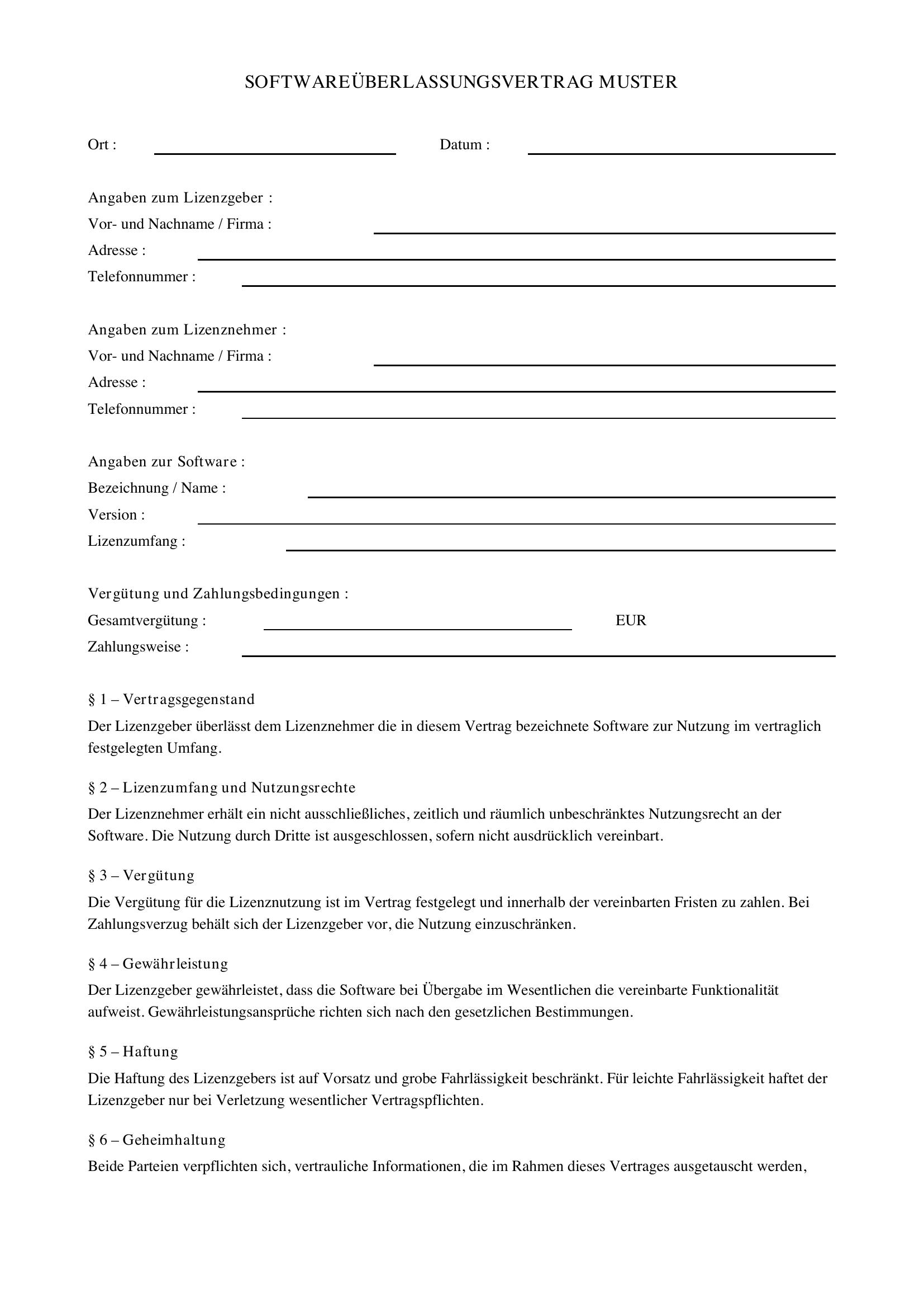 Softwareüberlassungsvertrag Muster