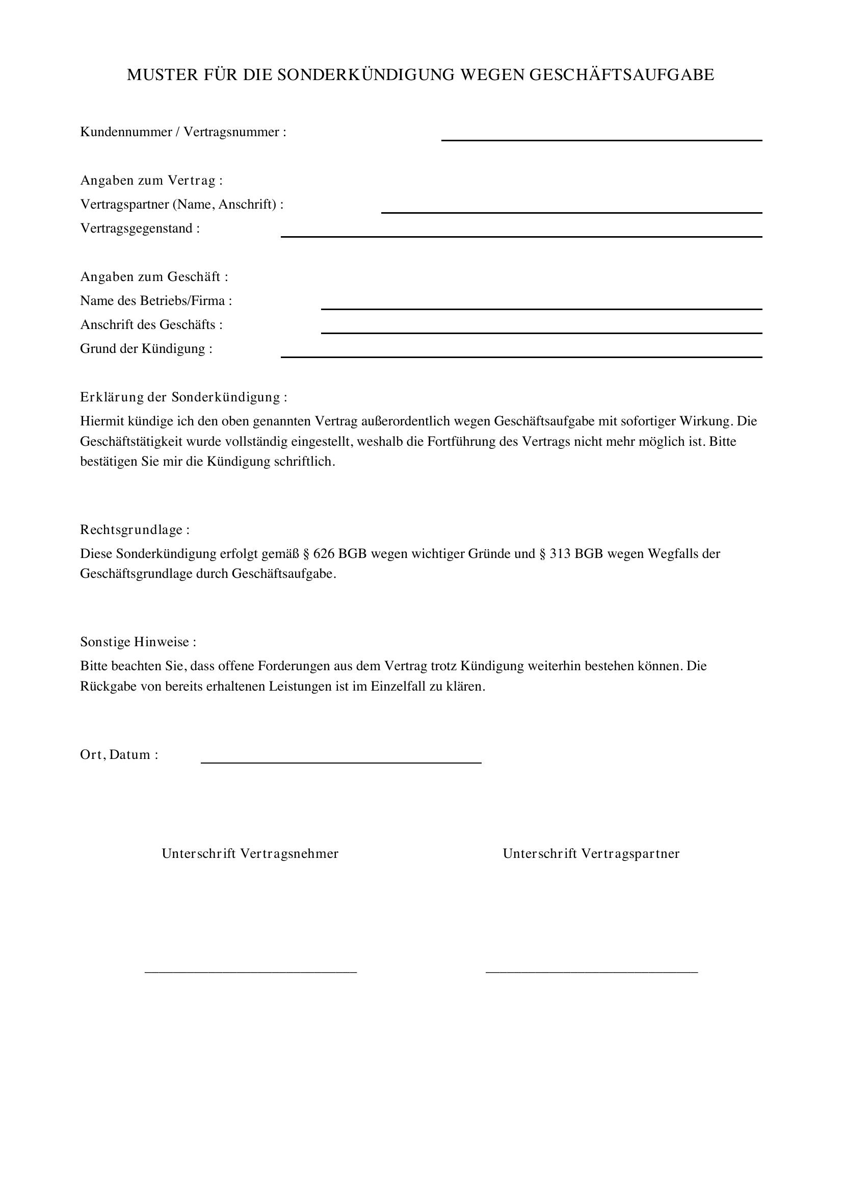 Sonderkündigungsrecht Wegen Geschäftsaufgabe Muster