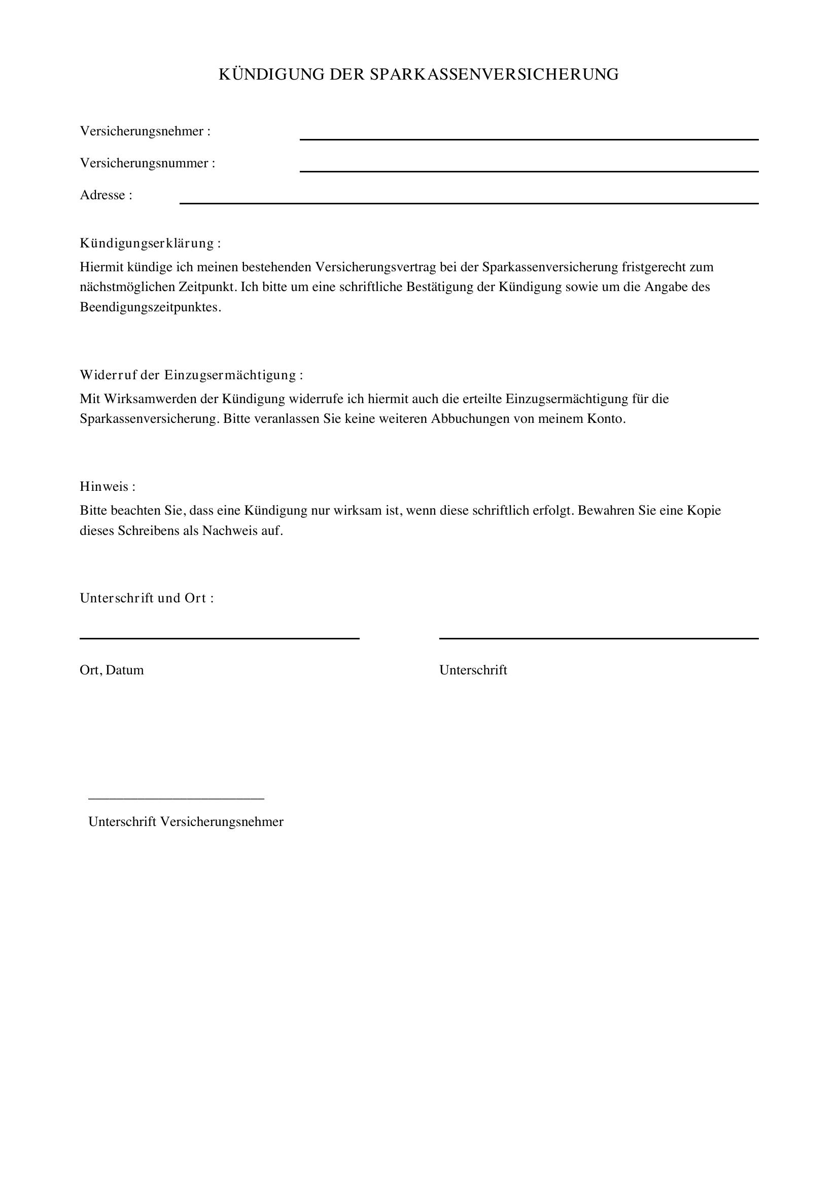 Sparkassenversicherung Kündigen - Muster