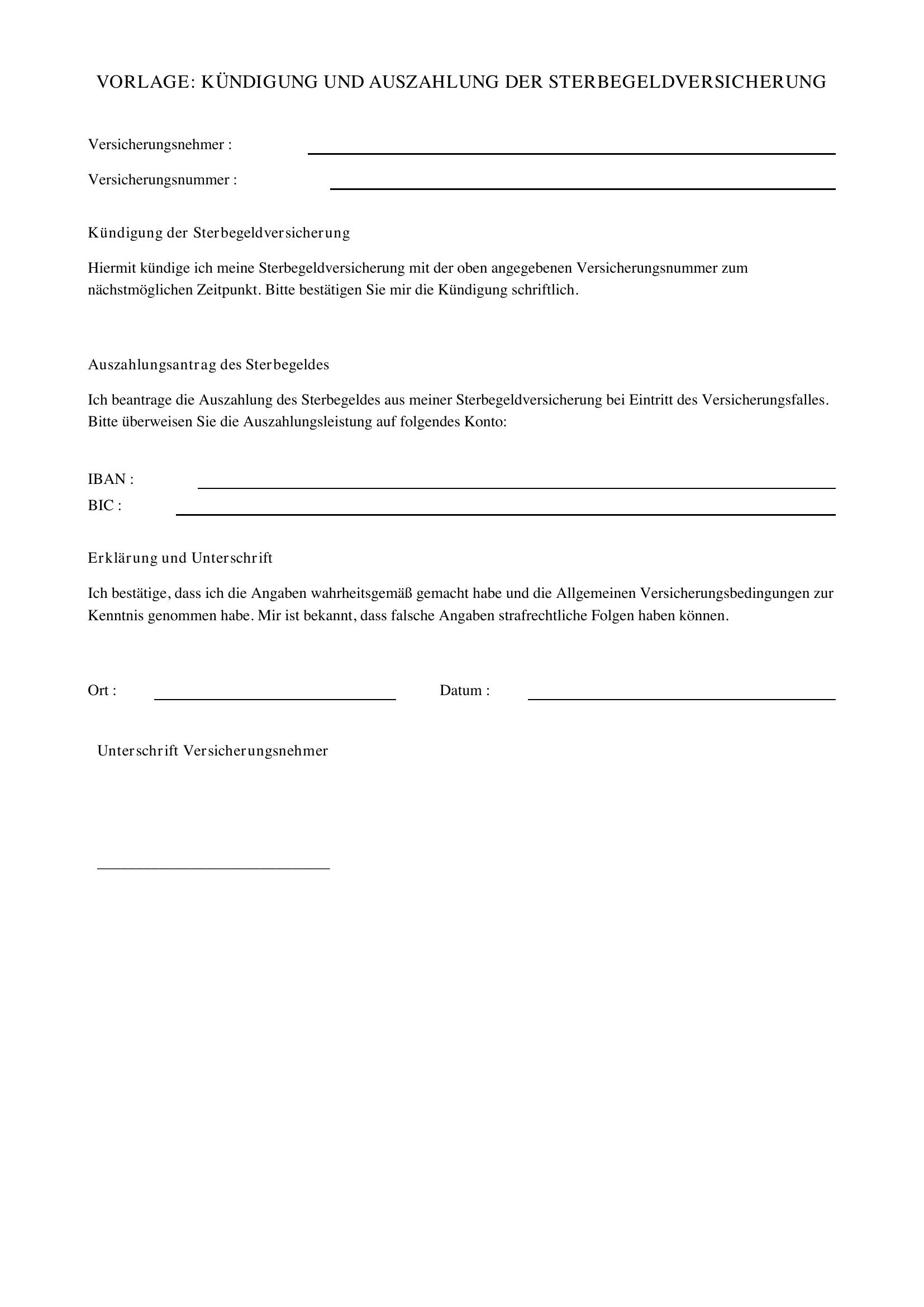 Sterbegeldversicherung Kündigen Und Auszahlen Lassen Vorlage