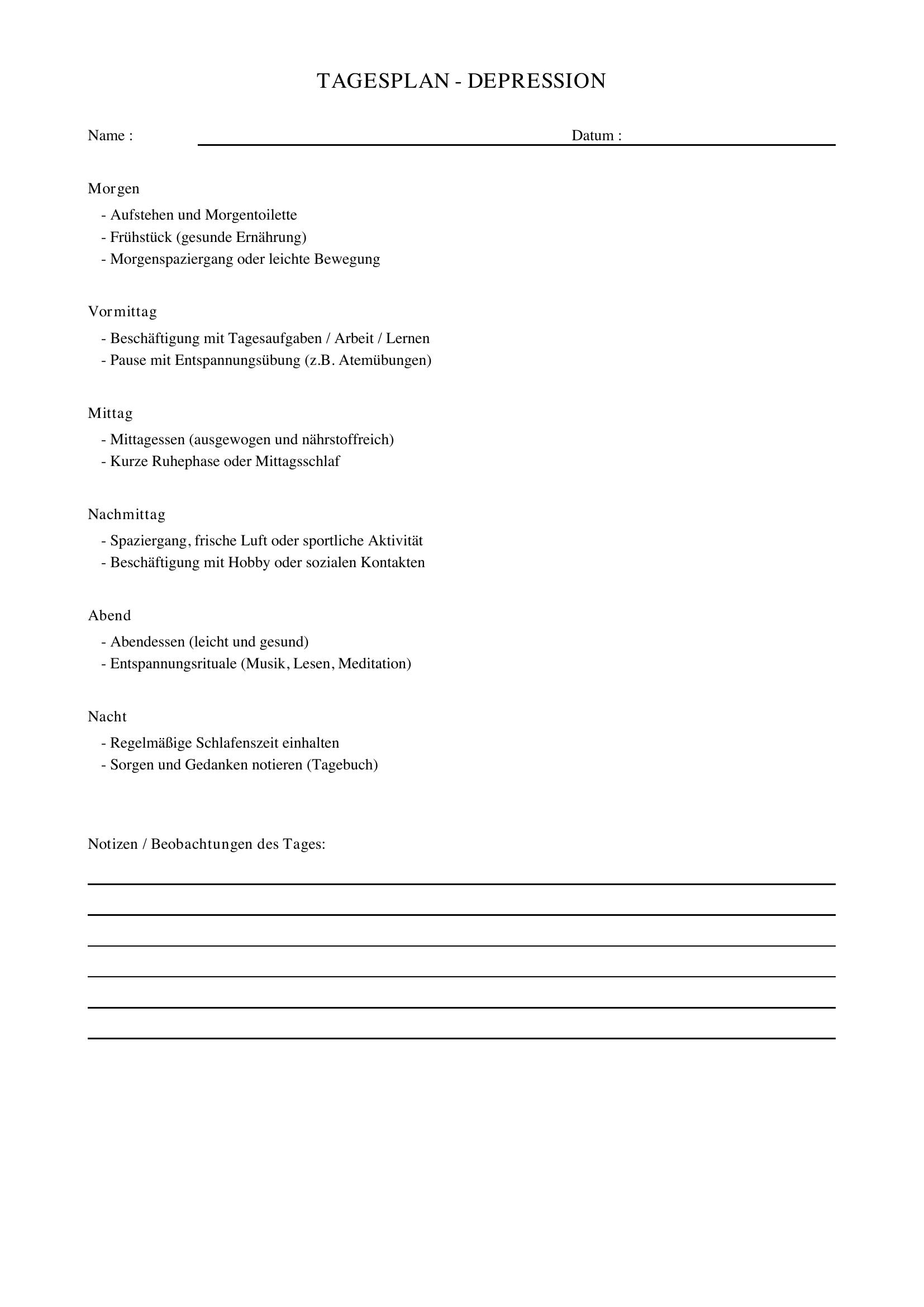 Tagesplan Depression