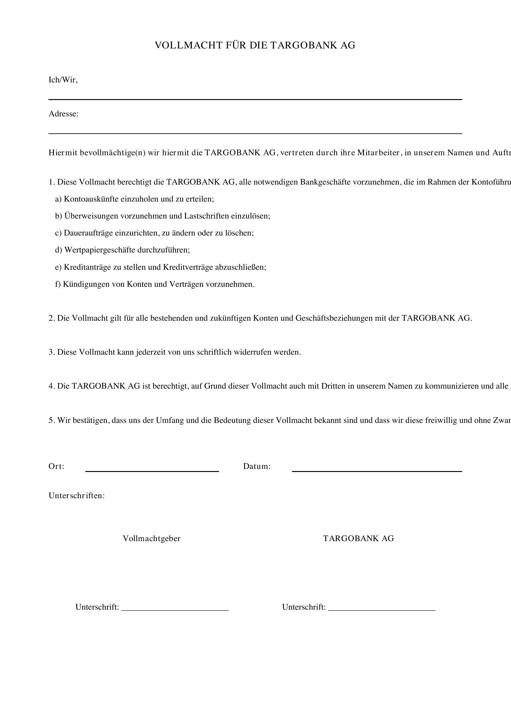 Targobank Vollmacht